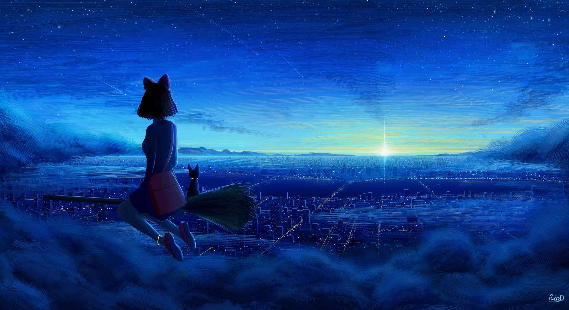 女孩與貓在黃昏騎掃帚飛越城市上空，星空下
