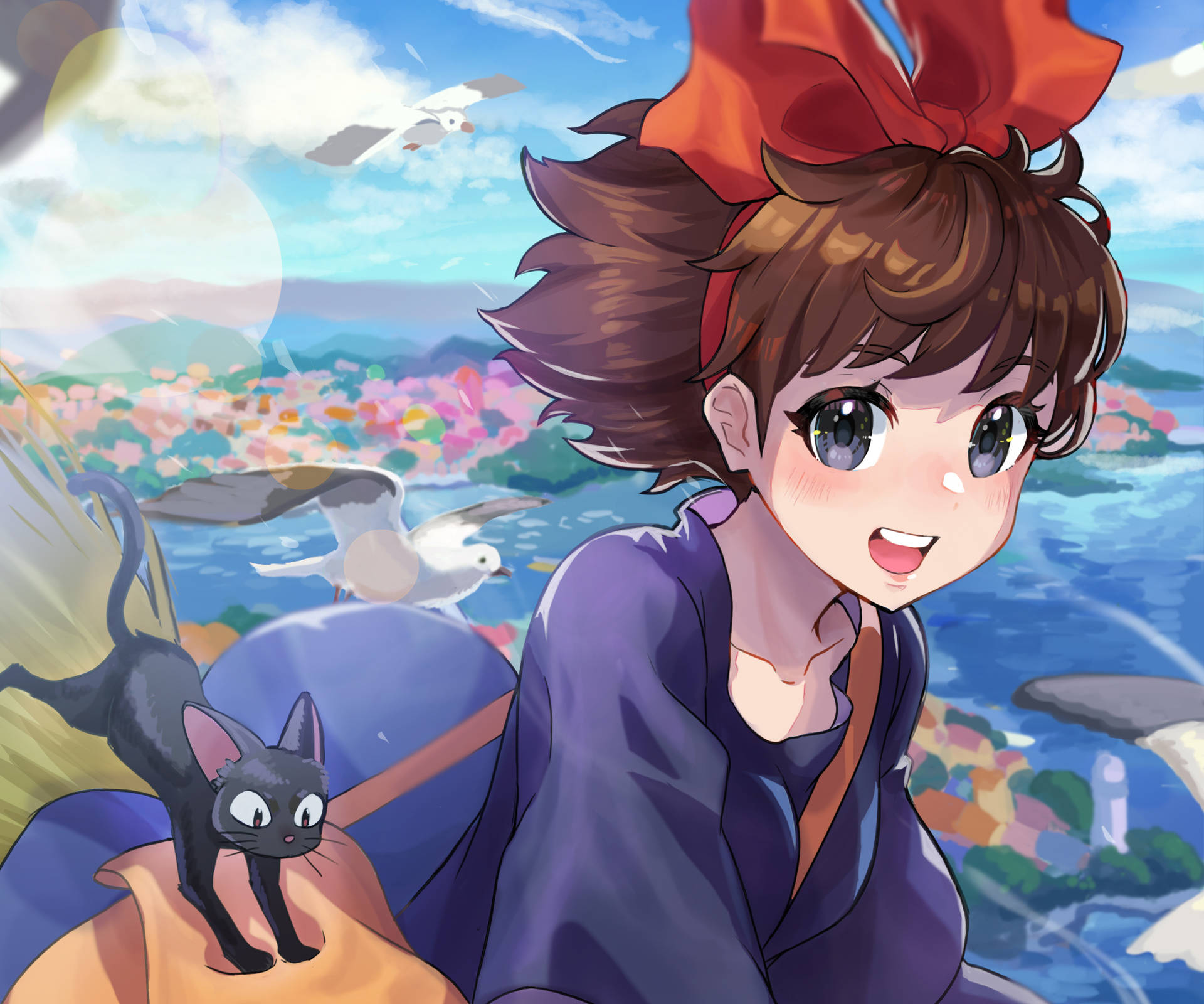 動漫女孩戴紅色蝴蝶結和黑貓在海邊小鎮與海鷗