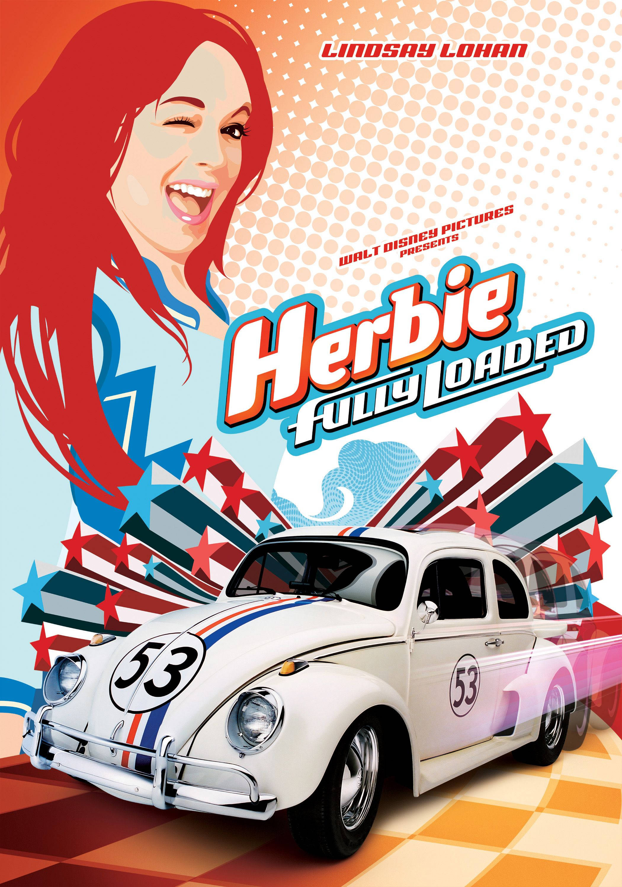 琳賽·蘿涵與Herbie《Herbie Fully Loaded》電影海報 壁紙 — 一張充滿活力的普普藝術電影海報，描繪一位紅髮微笑女子和一輛白色53號賽車，背景是棋盤地板和星爆圖案。