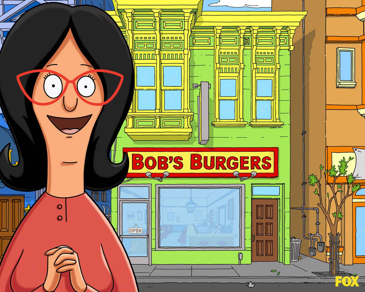 戴紅色眼鏡的卡通女性在Bob's Burgers前微笑。