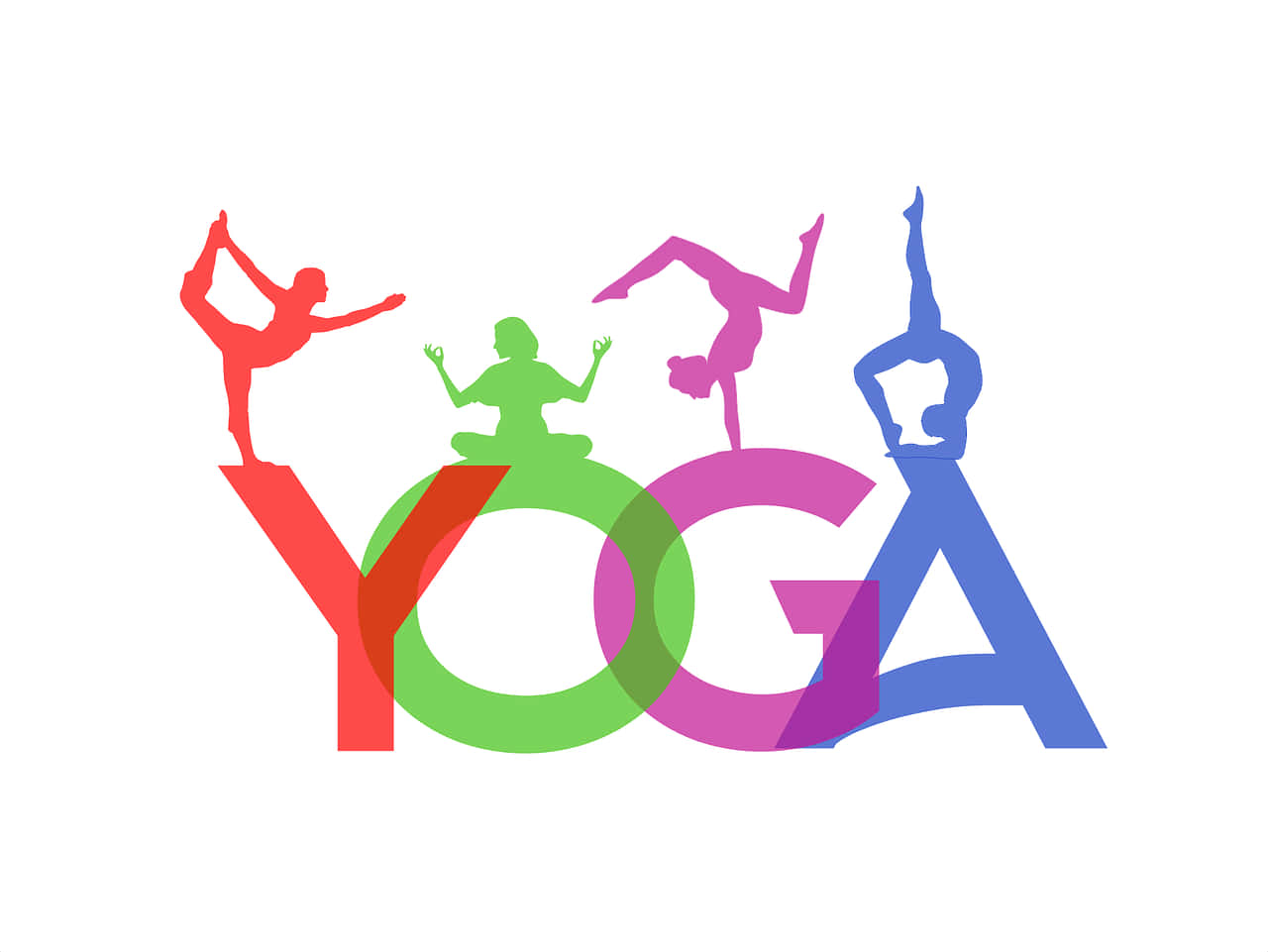 彩色瑜珈姿勢形成字母，拼出yoga