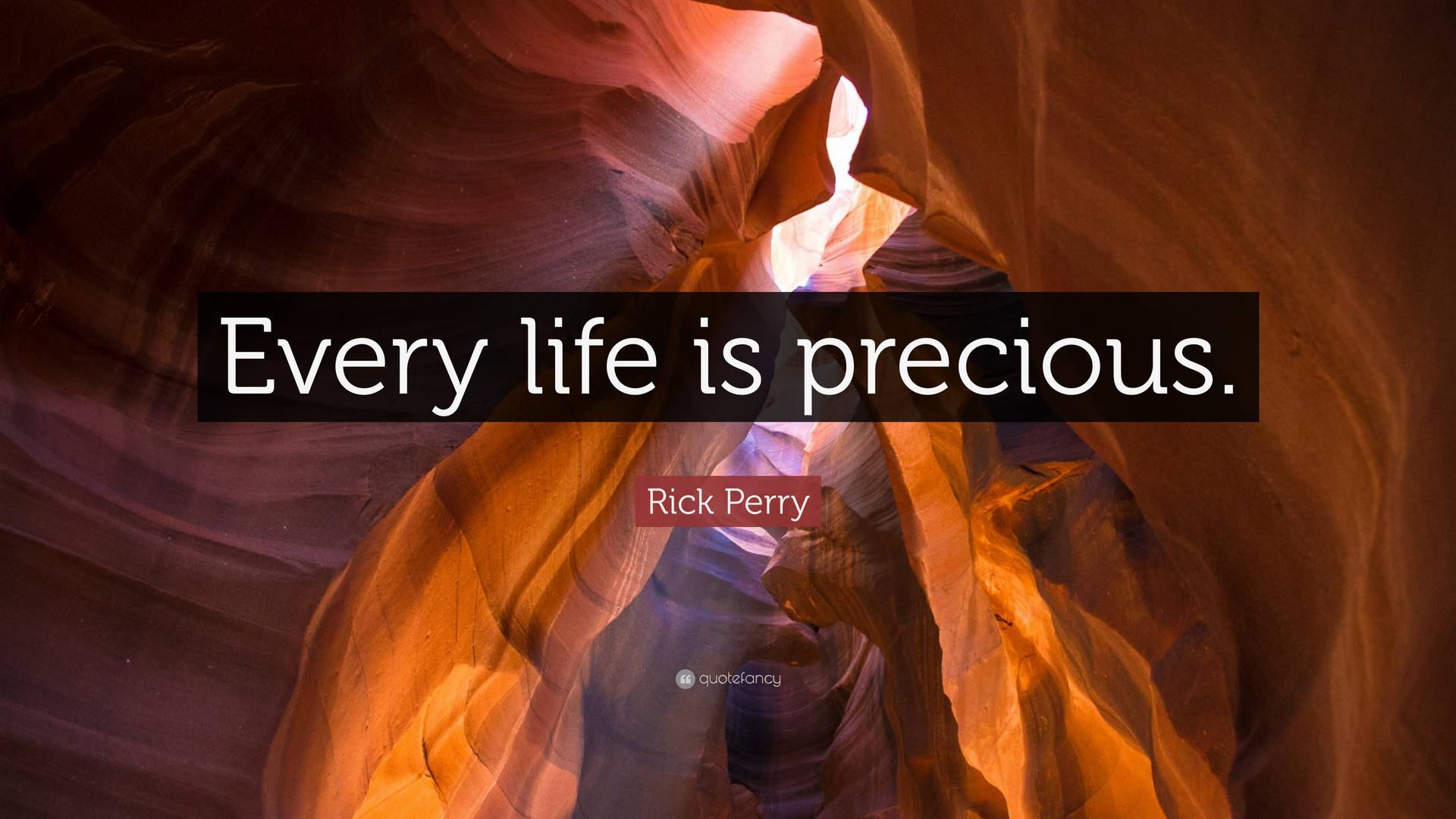 一個狹縫峽谷，帶有溫暖光線和一句引文：Every life is precious.