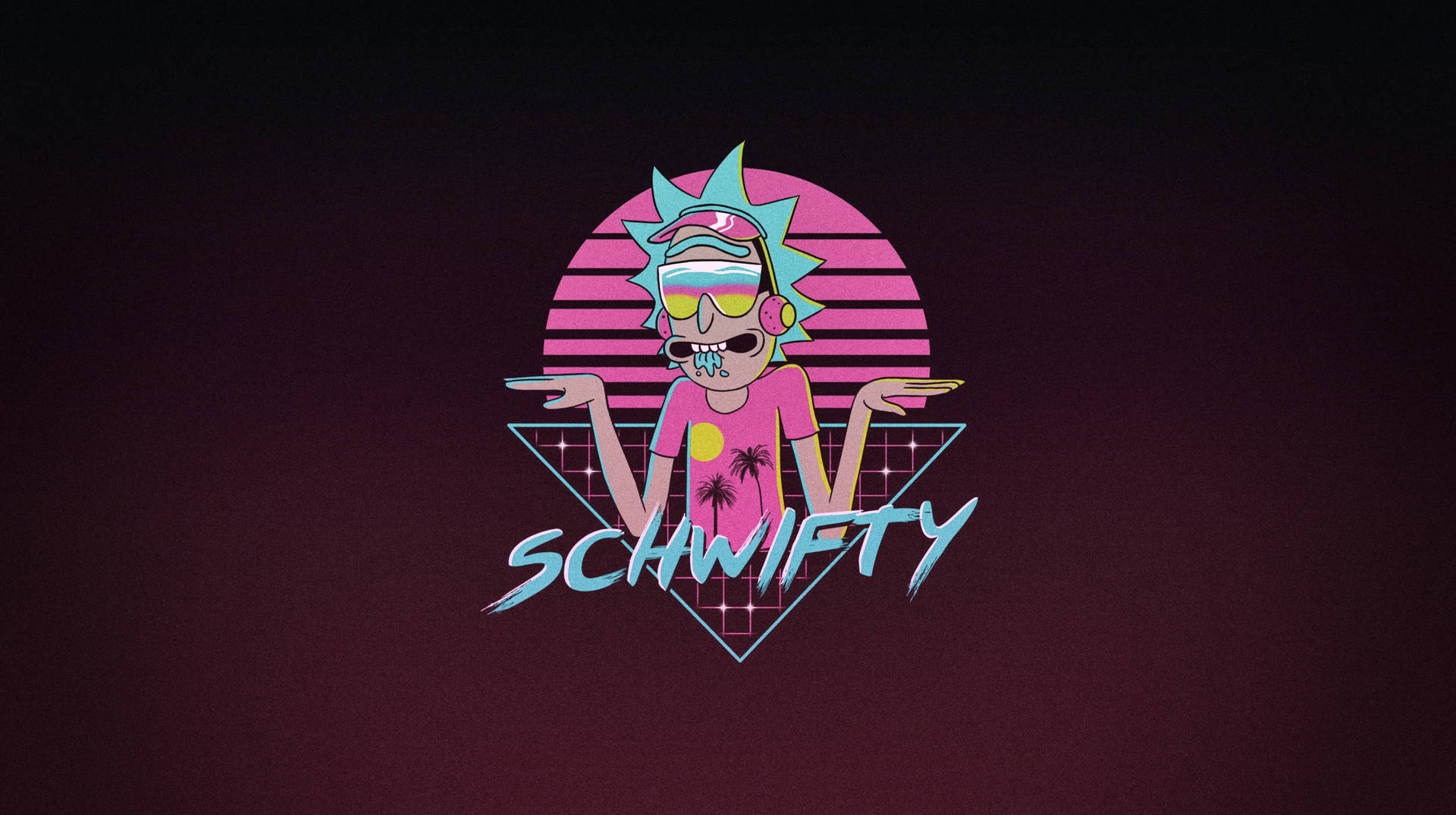 Rick Sanchez 戴住太陽眼鏡同粉紅色恤衫，喺粉紅色日落背景下有 'SCHWIFTY' 字樣。