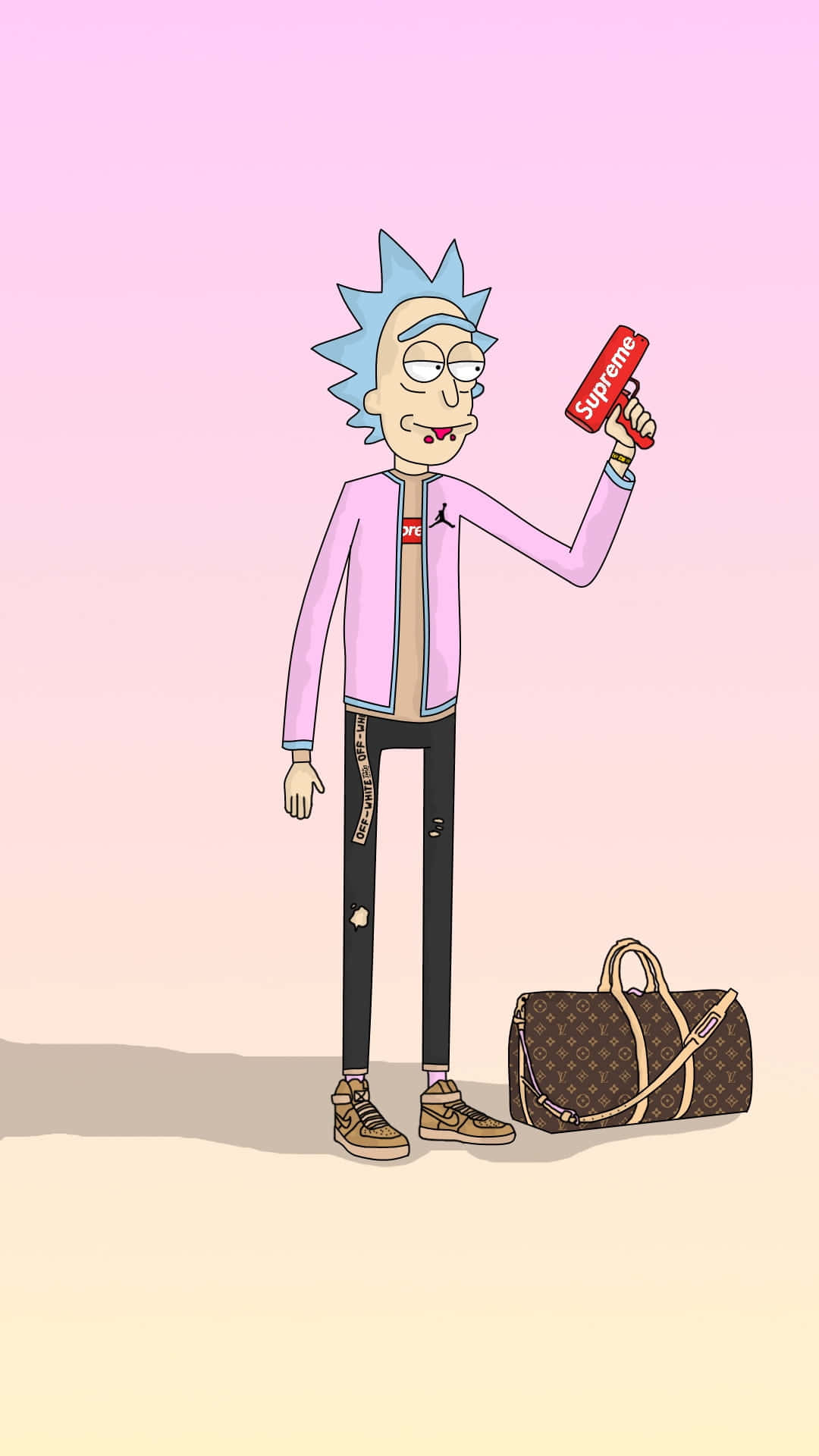 Rick Sanchez 在粉紅色漸變背景中，拿著 Supreme 盒子，旁邊放著 Louis Vuitton 袋。