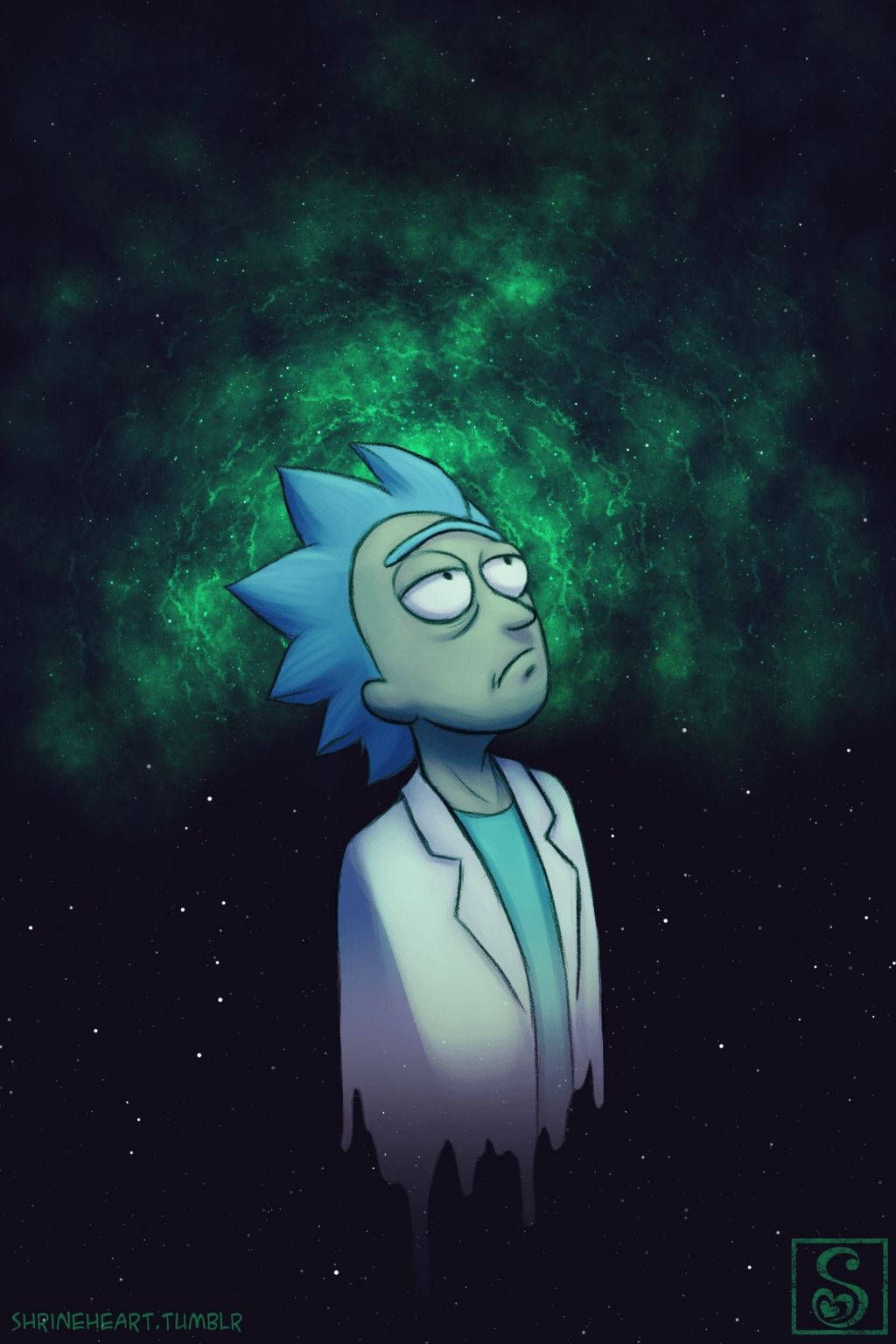 Rick Sanchez 喺太空，白色外套融化緊，背景係綠色星雲。