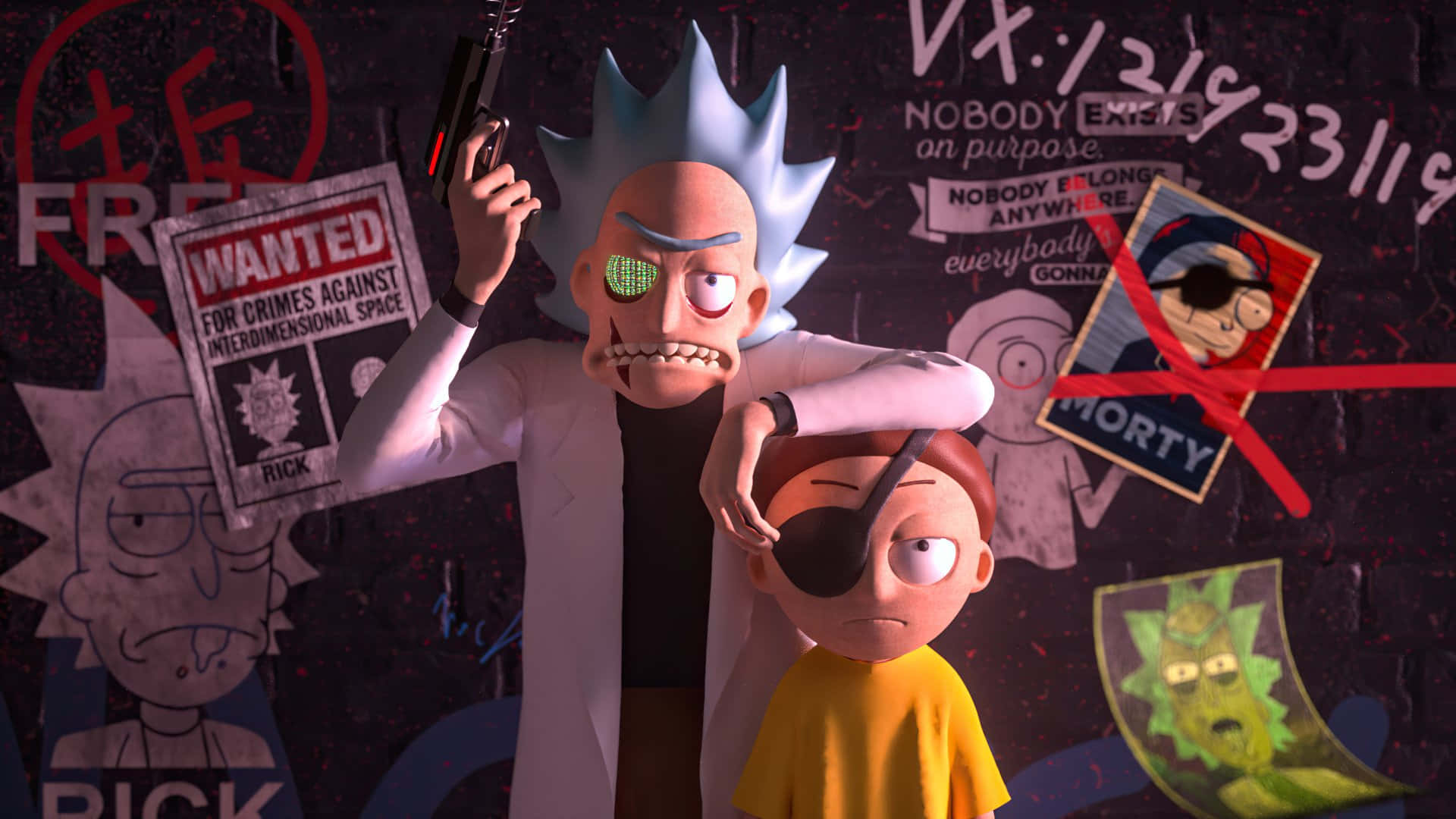 Evil Morty 桌布 壁紙 — 瑞克·桑切斯和莫蒂·史密斯以動畫形式站在塗鴉牆前，手持槍支並戴著眼罩。