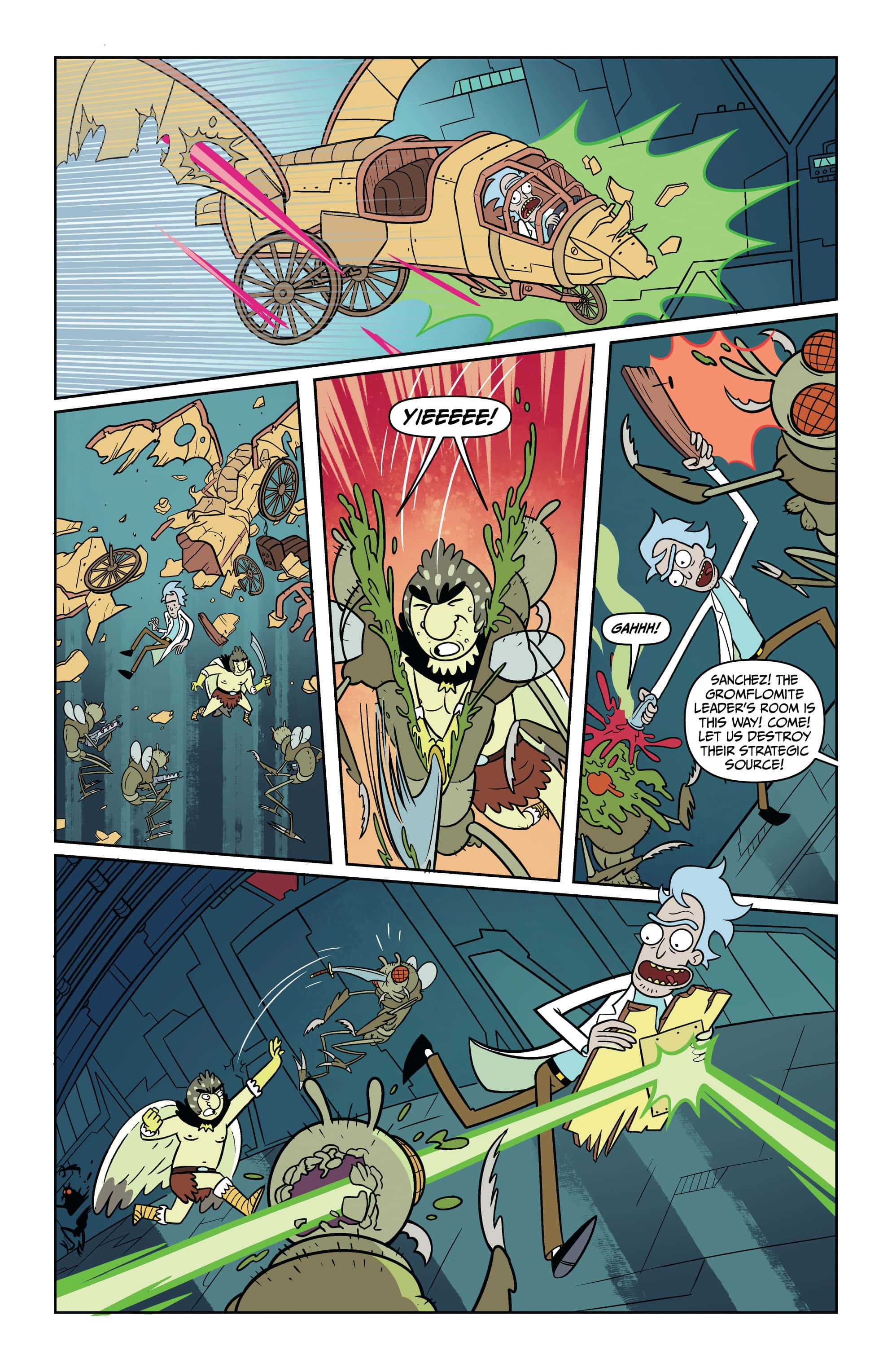 Birdperson 桌布 壁紙 — 瑞克·桑切斯和莫蒂·史密斯在一個混亂的漫畫書面板中與怪誕的外星生物戰鬥，伴隨著爆炸和激光束。