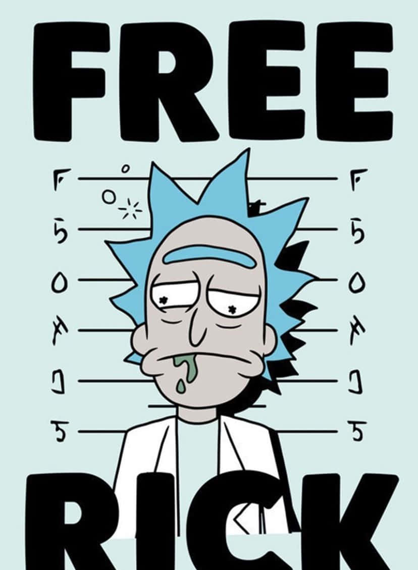 Total Rickall 桌布 壁紙 — 瑞克·桑切斯流口水的疑犯照風格卡通，以 'FREE RICK' 文字和警察網格線框住。