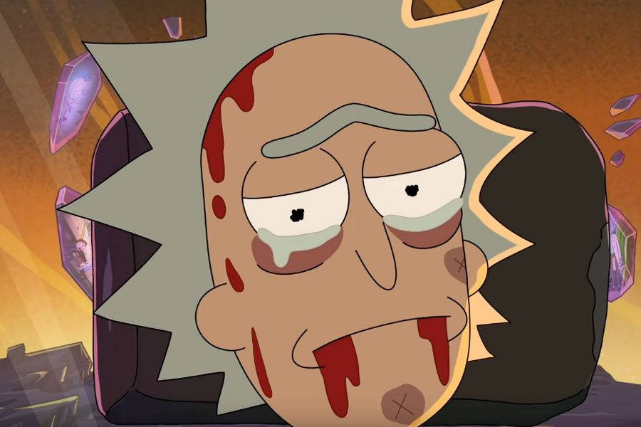 《Rick and Morty》中的Rick Sanchez，臉上帶血，眼神疲憊。