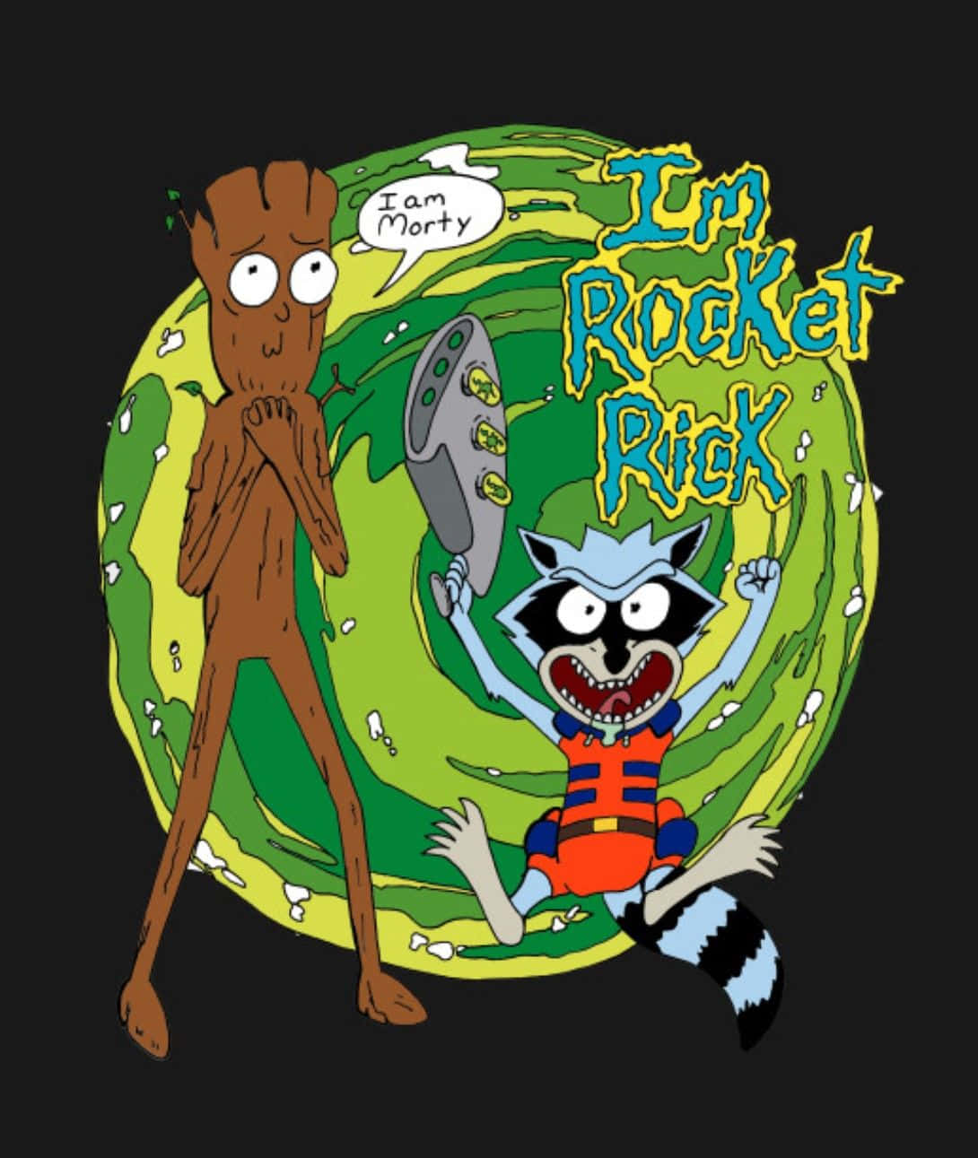 Total Rickall 桌布 壁紙 — 《瑞克和莫蒂》中的格魯特和火箭浣熊站在旋轉的綠色漩渦前，粗體文字宣告著「I'm Rocket Rick」。