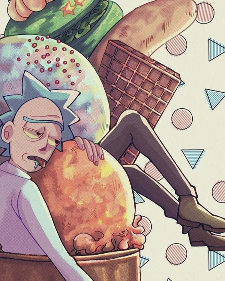 Total Rickall 桌布 壁紙 — 《瑞克和莫蒂》中的瑞克·桑切斯在一個風格化的卡通場景中，疲憊地躺在巨型食物之間。