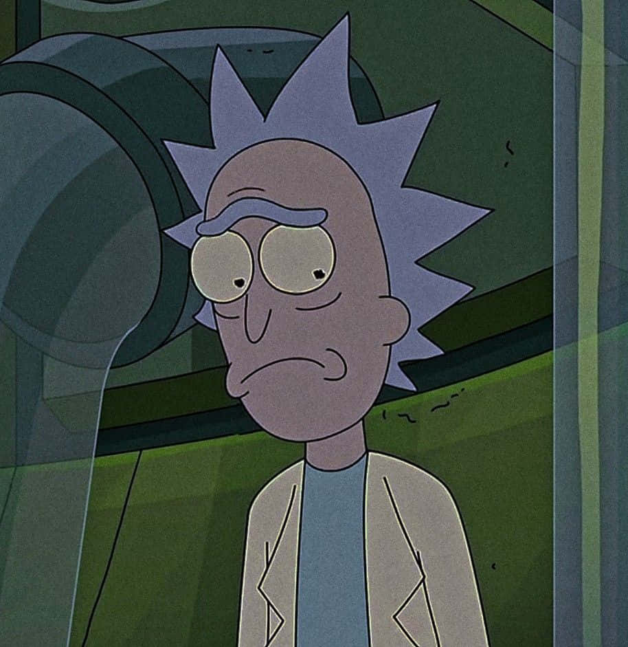 Total Rickall 桌布 壁紙 — 《瑞克和莫蒂》中的瑞克·桑切斯在光線昏暗、牆壁綠色、身後有大型機器的實驗室裡顯得疲憊又惱火。