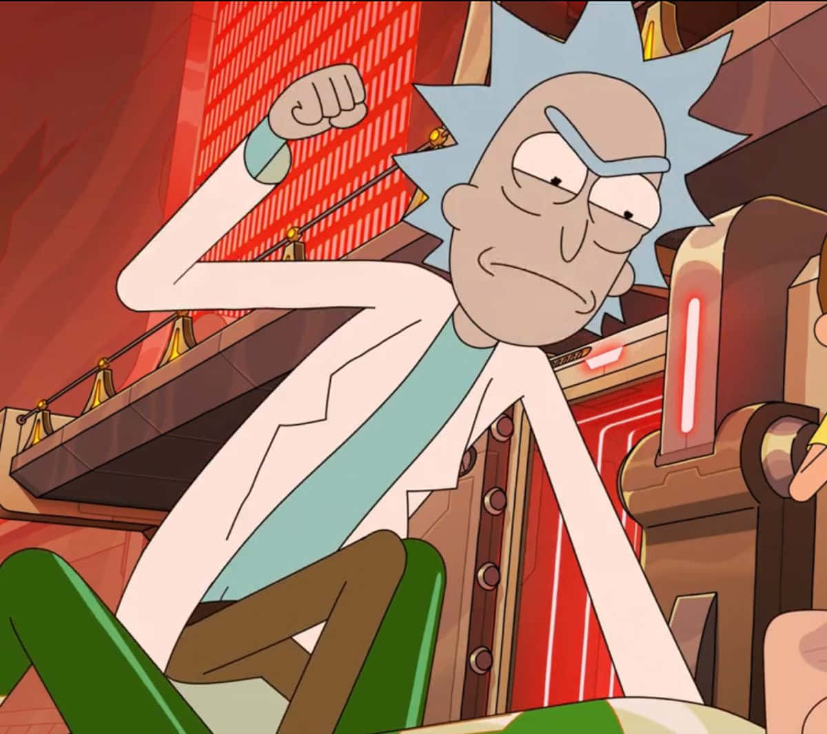 The Council Of Ricks 桌布 壁紙 — 《瑞克和莫蒂》中的瑞克·桑切斯在科幻實驗室中彎曲手臂，露出得意的表情。