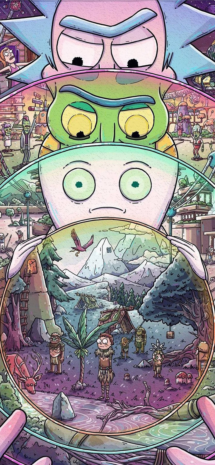 三個卡通外星人透過傳送門窺視一個積雪的山谷，裡面有原始人類和一隻飛鳥。