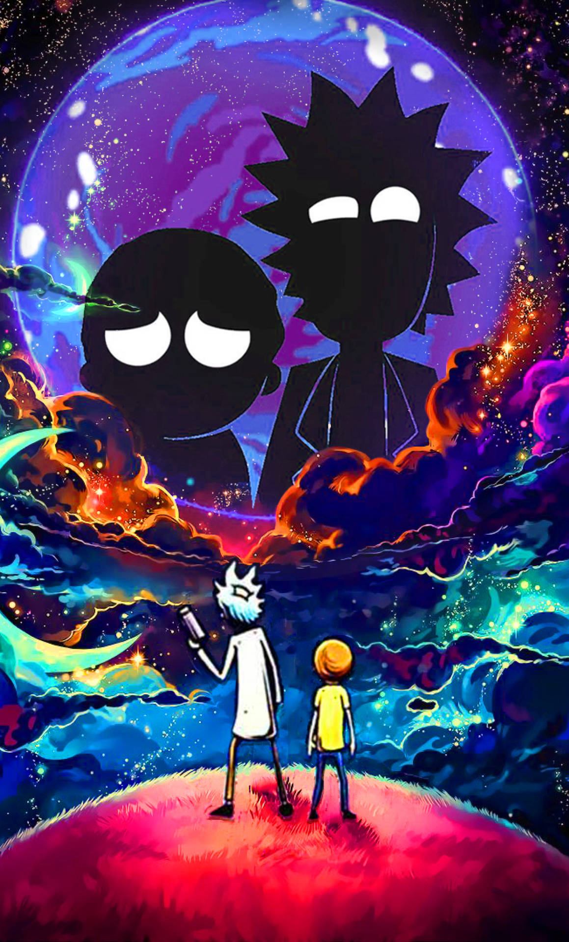 瑞克同莫蒂嘅剪影從發光星球凝視宇宙星雲。