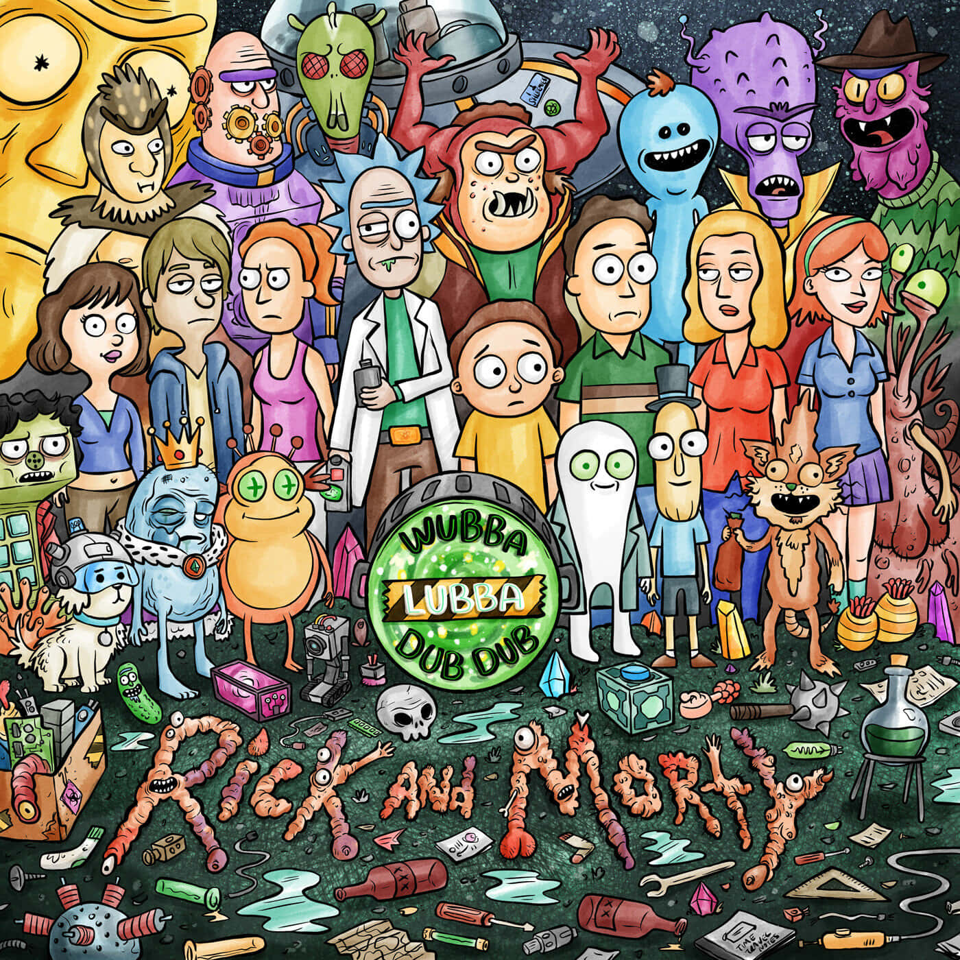 瑞克和莫蒂的角色和外星人在一個雜亂的科幻場景中。