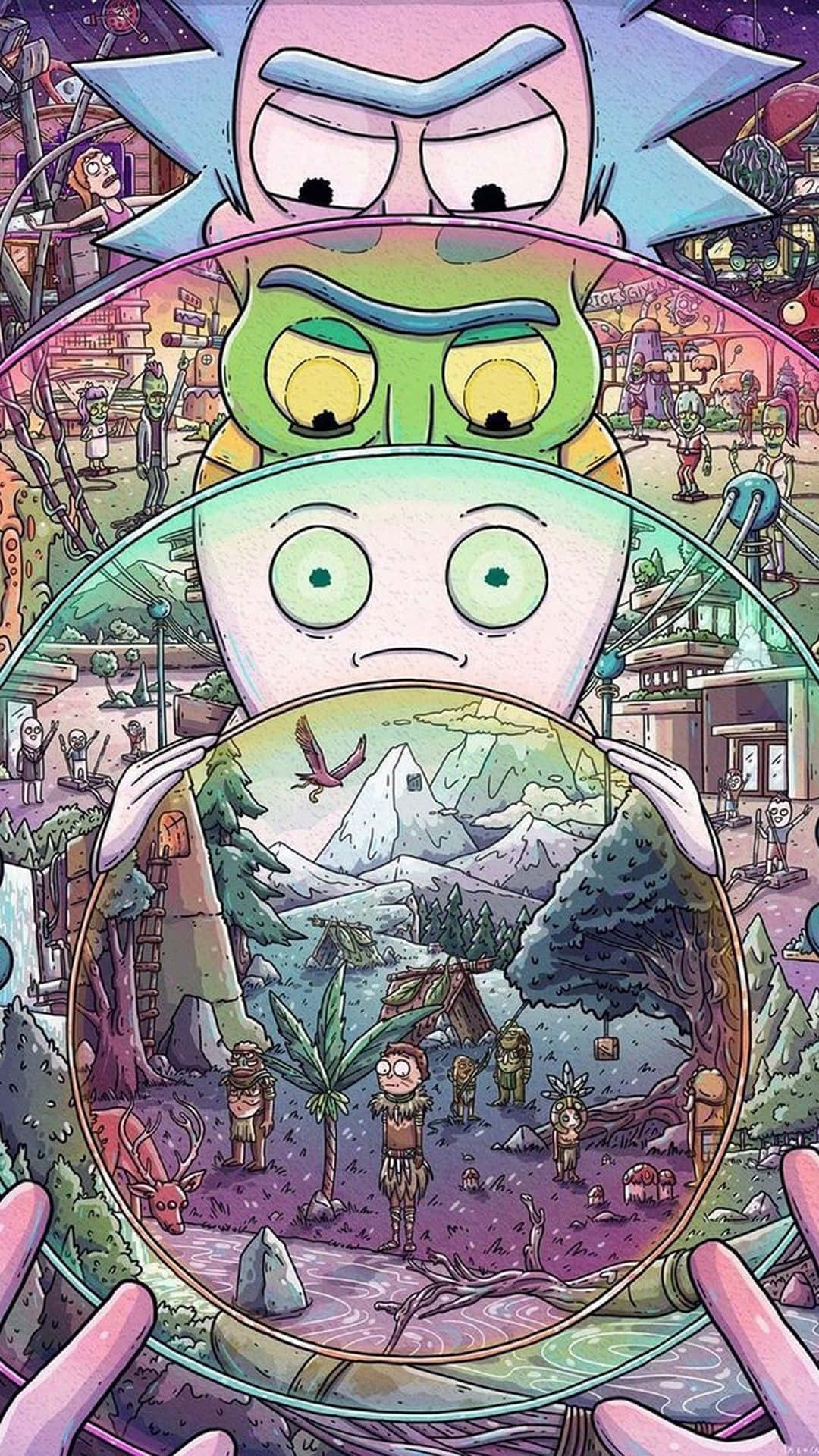《瑞克和莫蒂》角色在超現實卡通場景中透過嵌套的傳送門觀察外星世界。