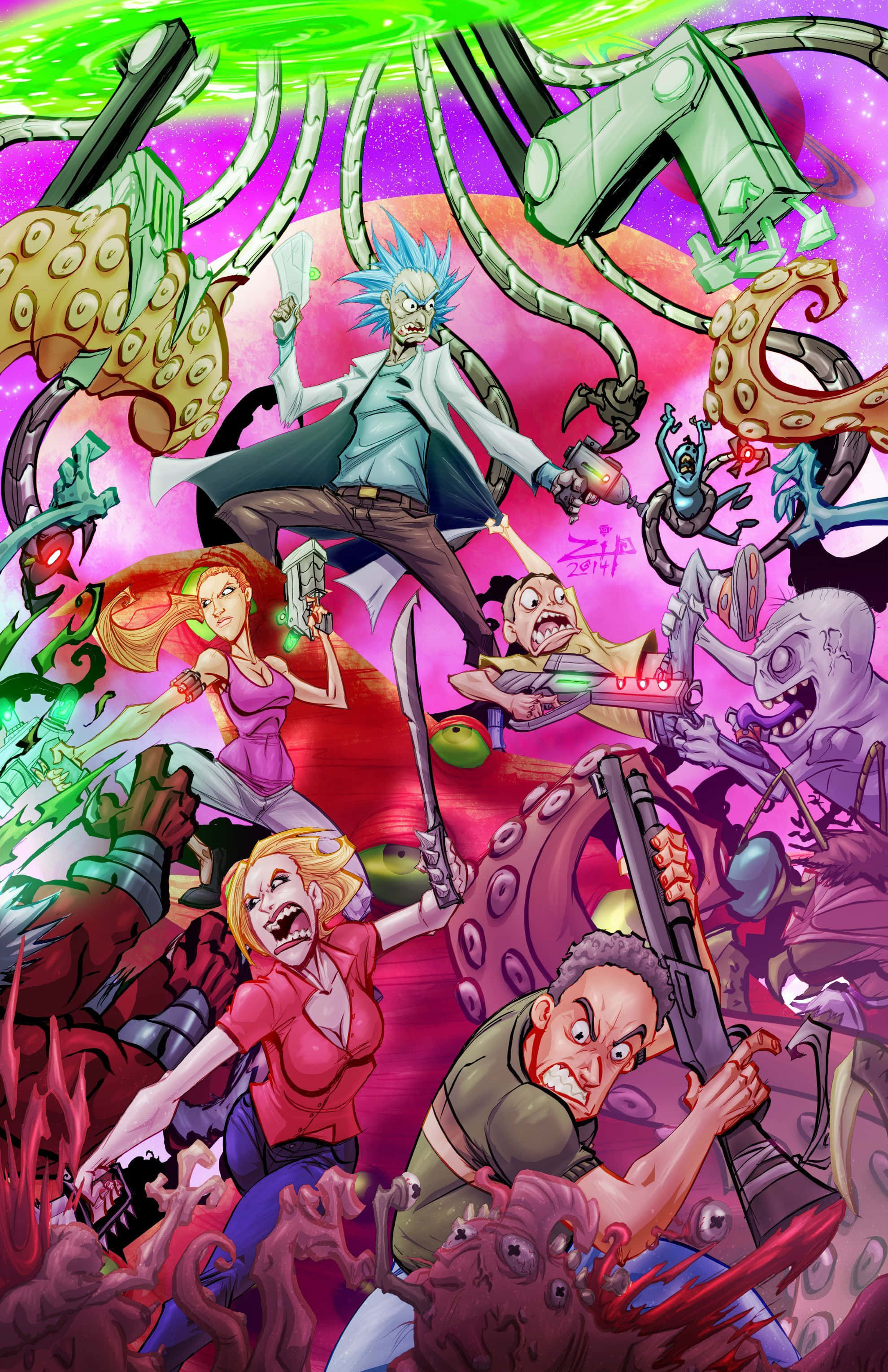 Morty Smith 桌布 壁紙 — 《瑞克和莫蒂》角色在混亂、充滿霓虹燈的科幻打鬥中與怪誕的外星怪物戰鬥。