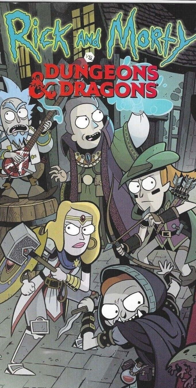 The Council Of Ricks 桌布 壁紙 — 《瑞克和莫蒂》角色打扮成《龍與地下城》冒險者，以漫畫風格呈現，色彩大膽，表情誇張。