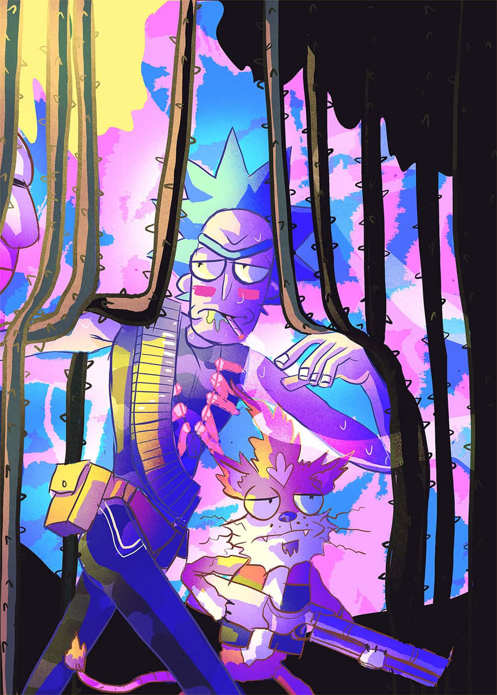 Wubba Lubba Dub Dub 桌布 壁紙 — 瑞克和莫蒂在一個超現實的森林中，帶有鮮豔的紫色、藍色和黃色色調以及鋸齒狀的樹幹。