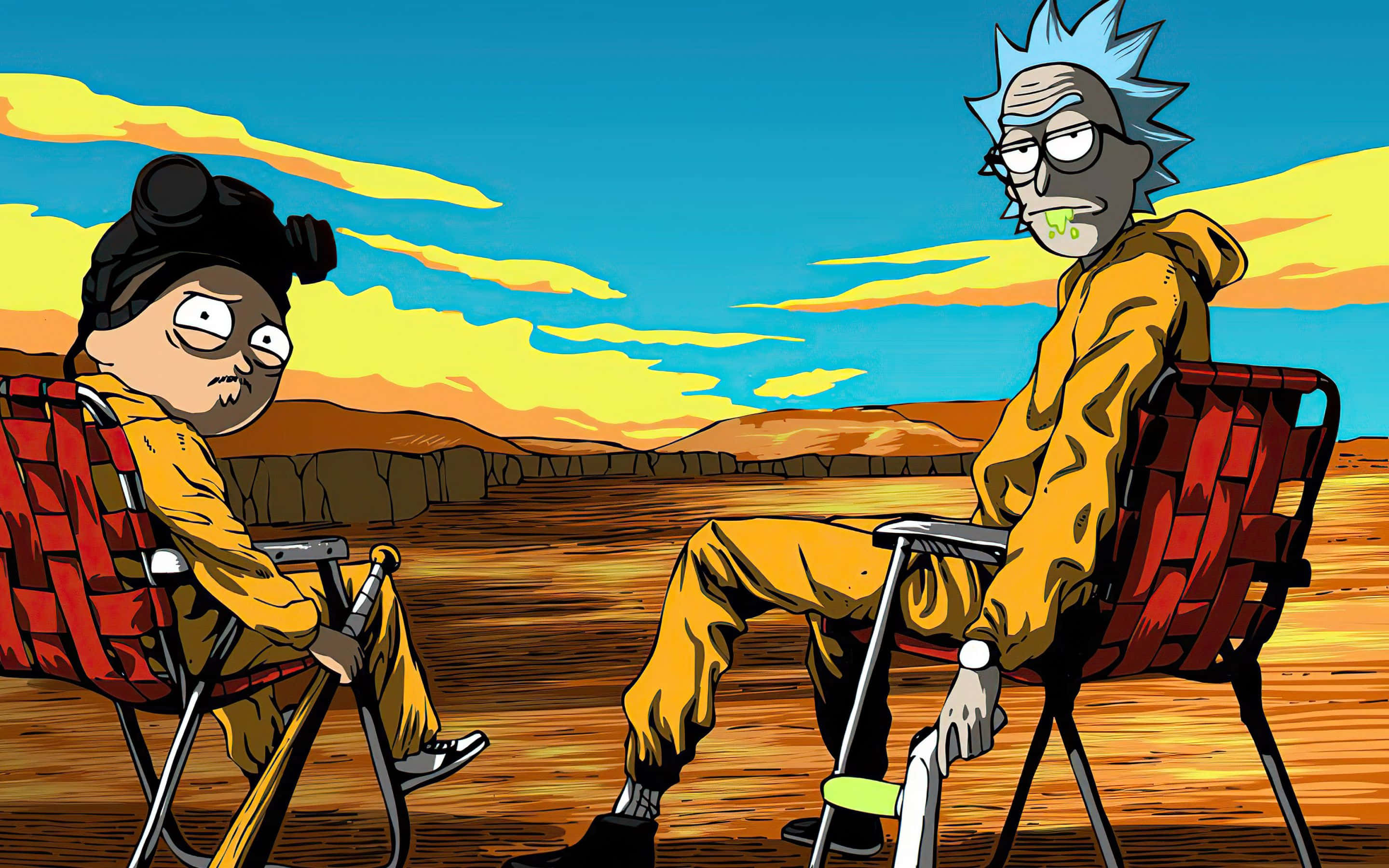 Morty Smith 桌布 壁紙 — 瑞克和莫蒂在日落時分的沙漠中，坐在紅色椅子上，天空呈現戲劇性的橙色和藍色。