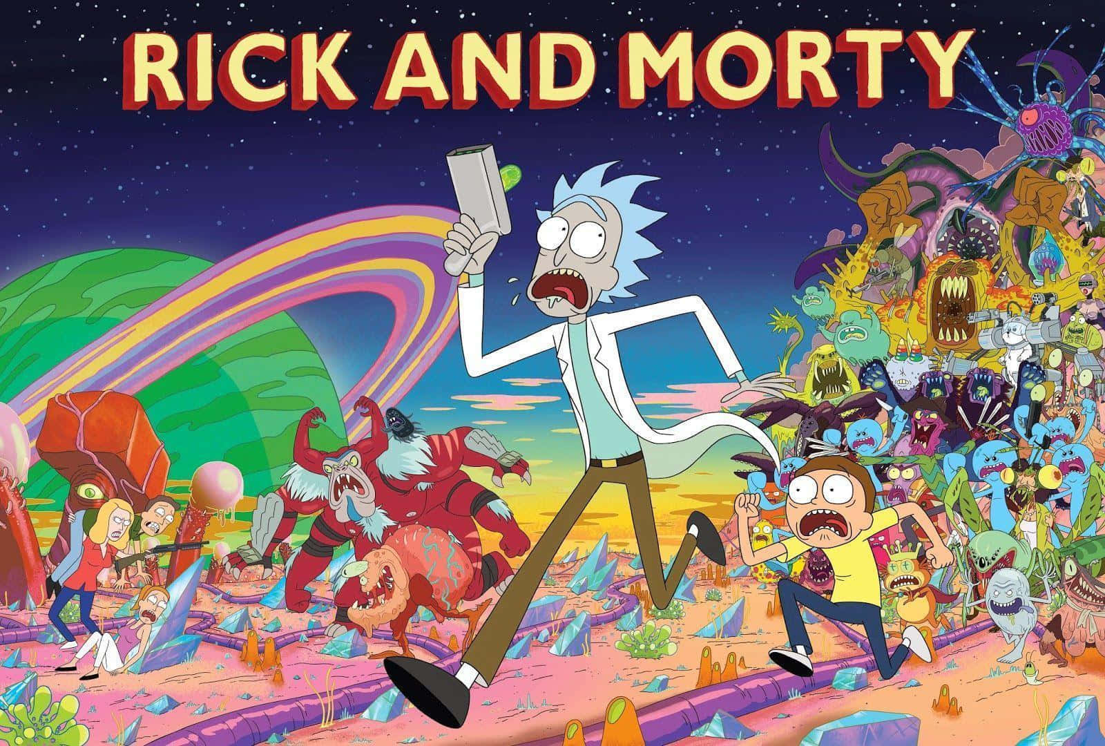 Morty Smith 桌布 壁紙 — 瑞克和莫蒂在星空下穿越一個充滿怪異生物和彩色行星的混亂外星景觀。