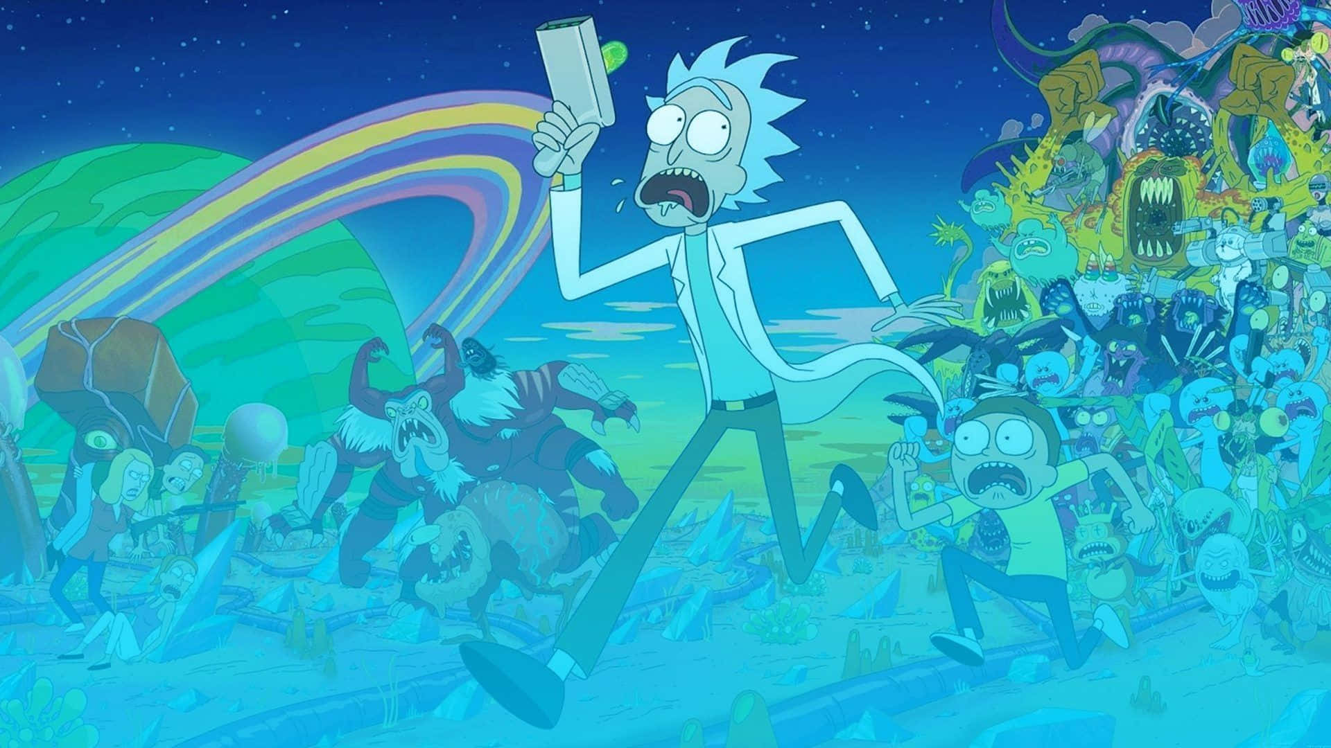 Morty Smith 桌布 壁紙 — 瑞克和莫蒂在星空下被一群怪誕的怪物追趕，驚恐地衝過超現實的外星景觀。