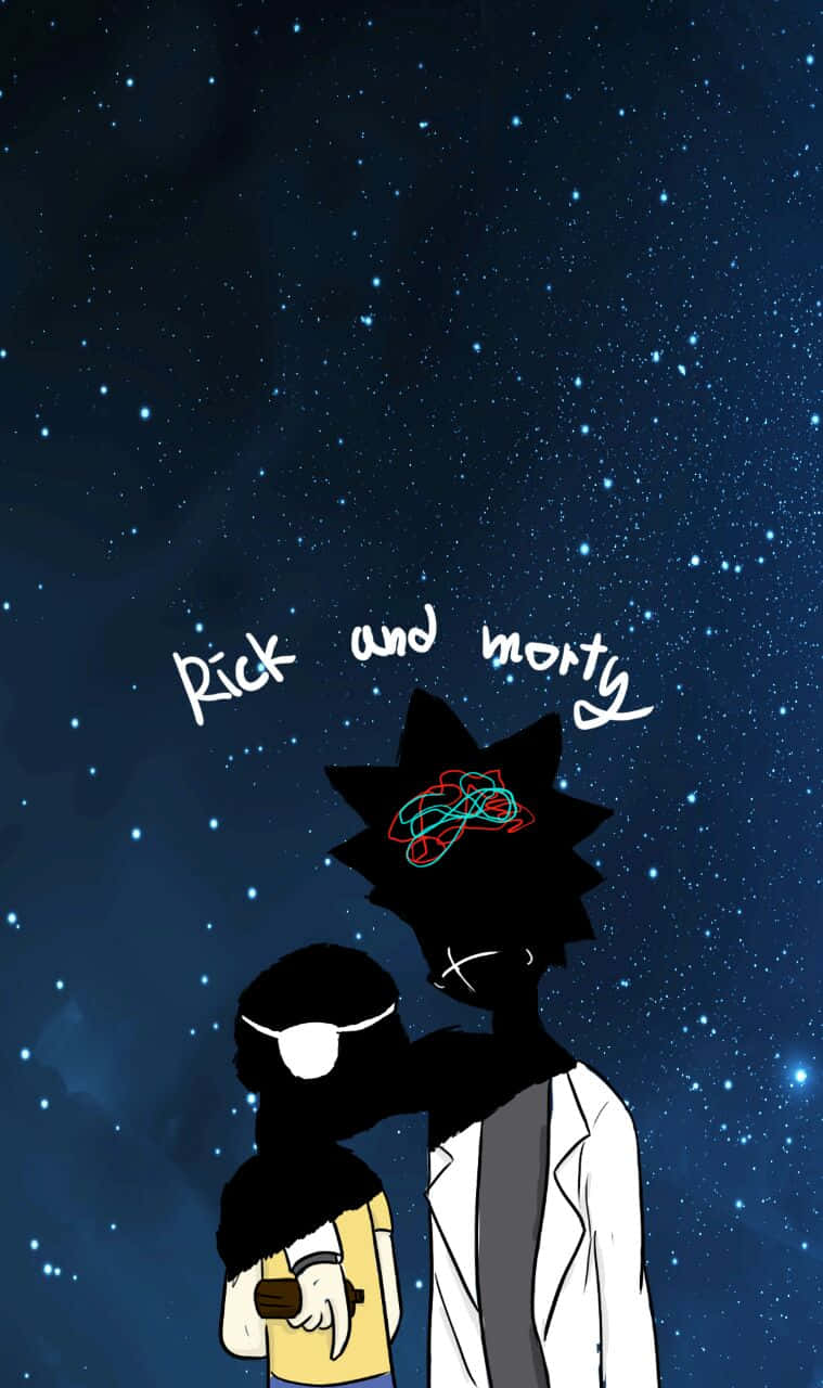 Evil Morty 桌布 壁紙 — 瑞克和莫蒂在星空夜空下的剪影，他們的名字寫在上面。