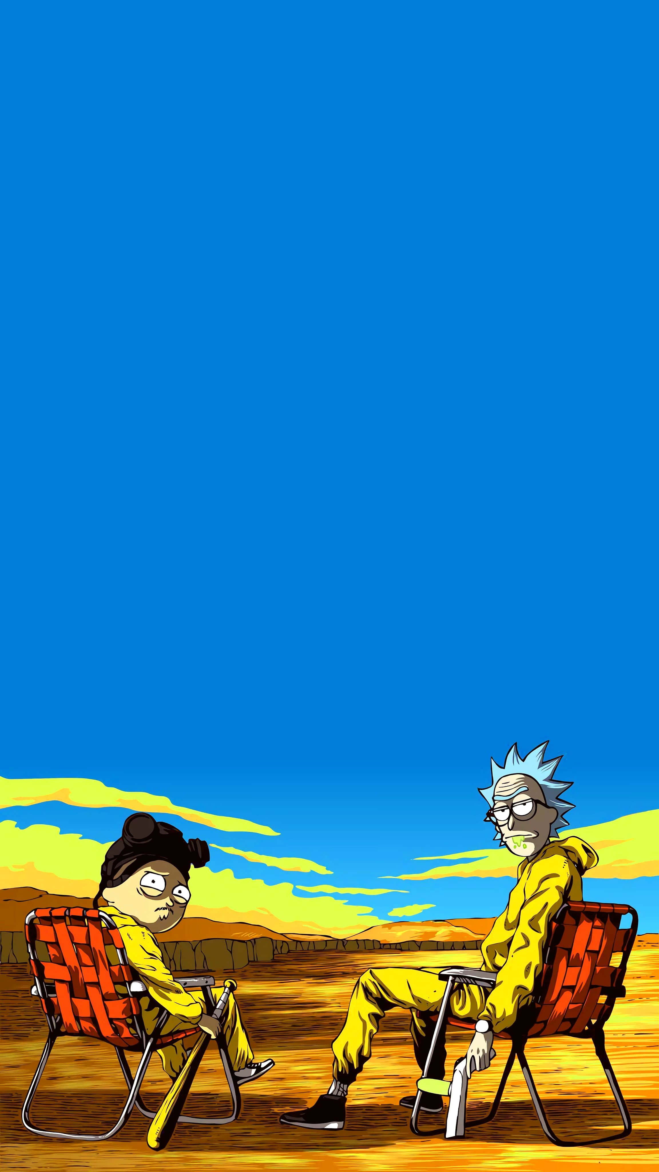 Wubba Lubba Dub Dub 桌布 壁紙 — 瑞克和莫蒂在沙漠中面對面坐在摺疊椅上，廣闊的藍天下有黃色的雲。