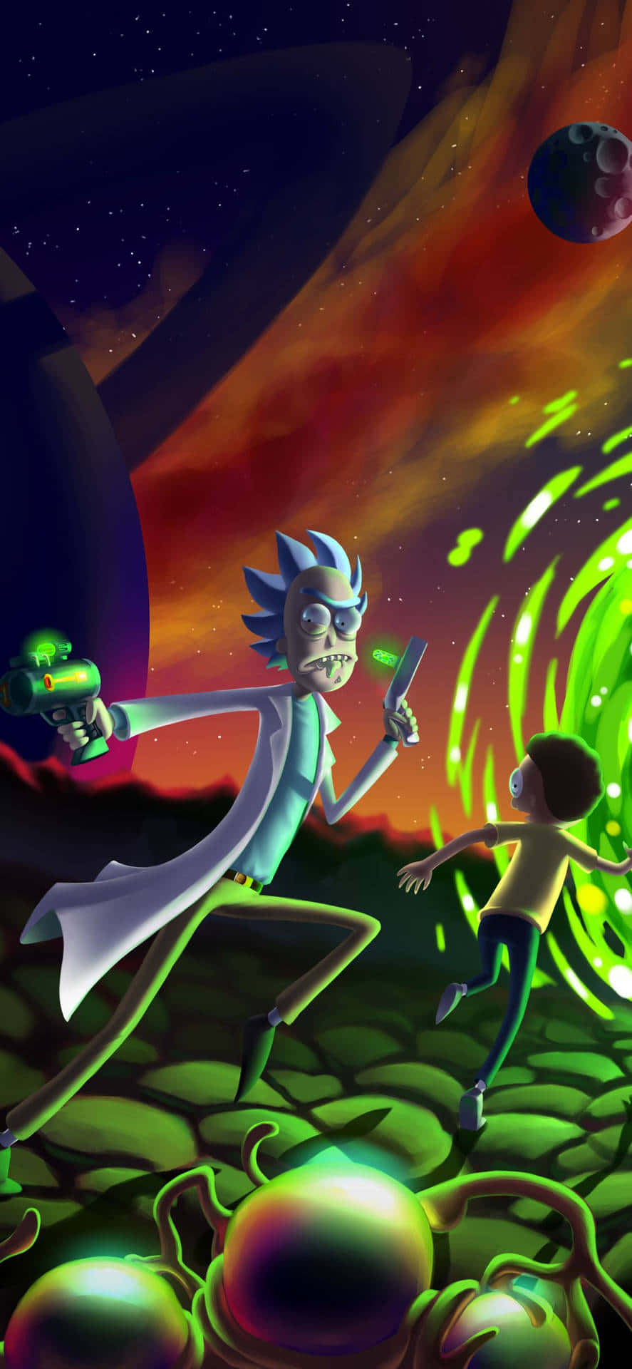 Evil Morty 桌布 壁紙 — 瑞克和莫蒂在熾熱的宇宙天空下，穿過發光的外星景觀，天空中漂浮著行星。
