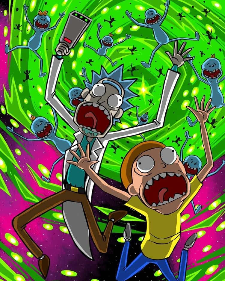 Cartoon Poster 桌布 壁紙 — 瑞克和莫蒂在迷幻的綠色和粉紅色宇宙漩渦中被藍色外星生物蜂擁而至，恐懼地尖叫。