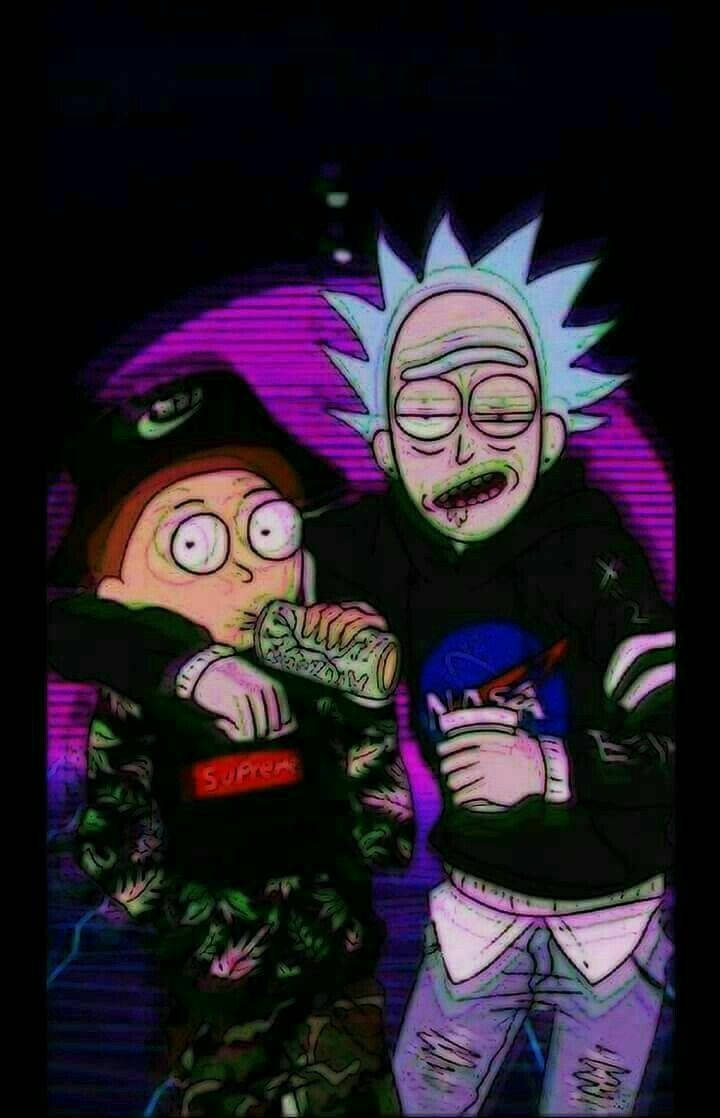 Hype Rick And Morty 壁紙 — 瑞克和莫蒂在霓虹燈夜晚場景中喝汽水，背景是發光的紫色。