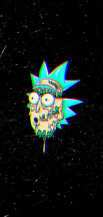 帶有故障效果的瑞克·桑切斯頭像在太空中滴落霓虹色彩。