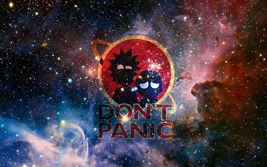 瑞克和莫蒂宇宙別慌 壁紙 — 兩個卡通人物擠在一個紅色圓圈內，背景是充滿活力的宇宙星雲，下方有發光的文字「DON'T PANIC」。
