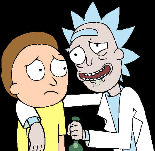 瑞克和莫蒂尷尬時刻 壁紙 — Rick Sanchez 咧嘴狂笑，手持綠色瓶子靠近驚恐的 Morty Smith，背景為黑色。