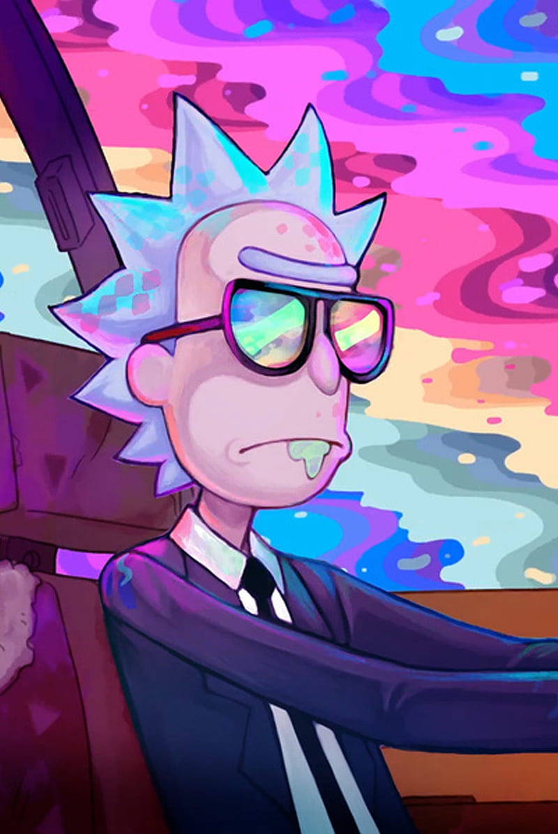 Rick Sanchez 身穿西裝，戴著太陽眼鏡，流著口水，背景是色彩繽紛的抽象圖案。