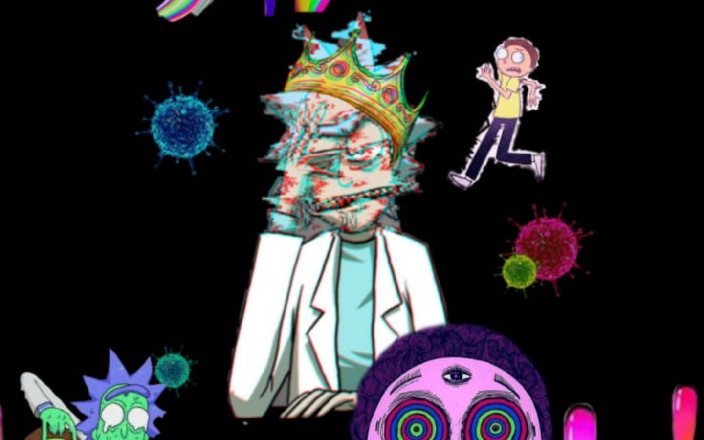 Rick Sanchez 戴著皇冠、滿臉鮮血，被病毒和逃跑的角色包圍。