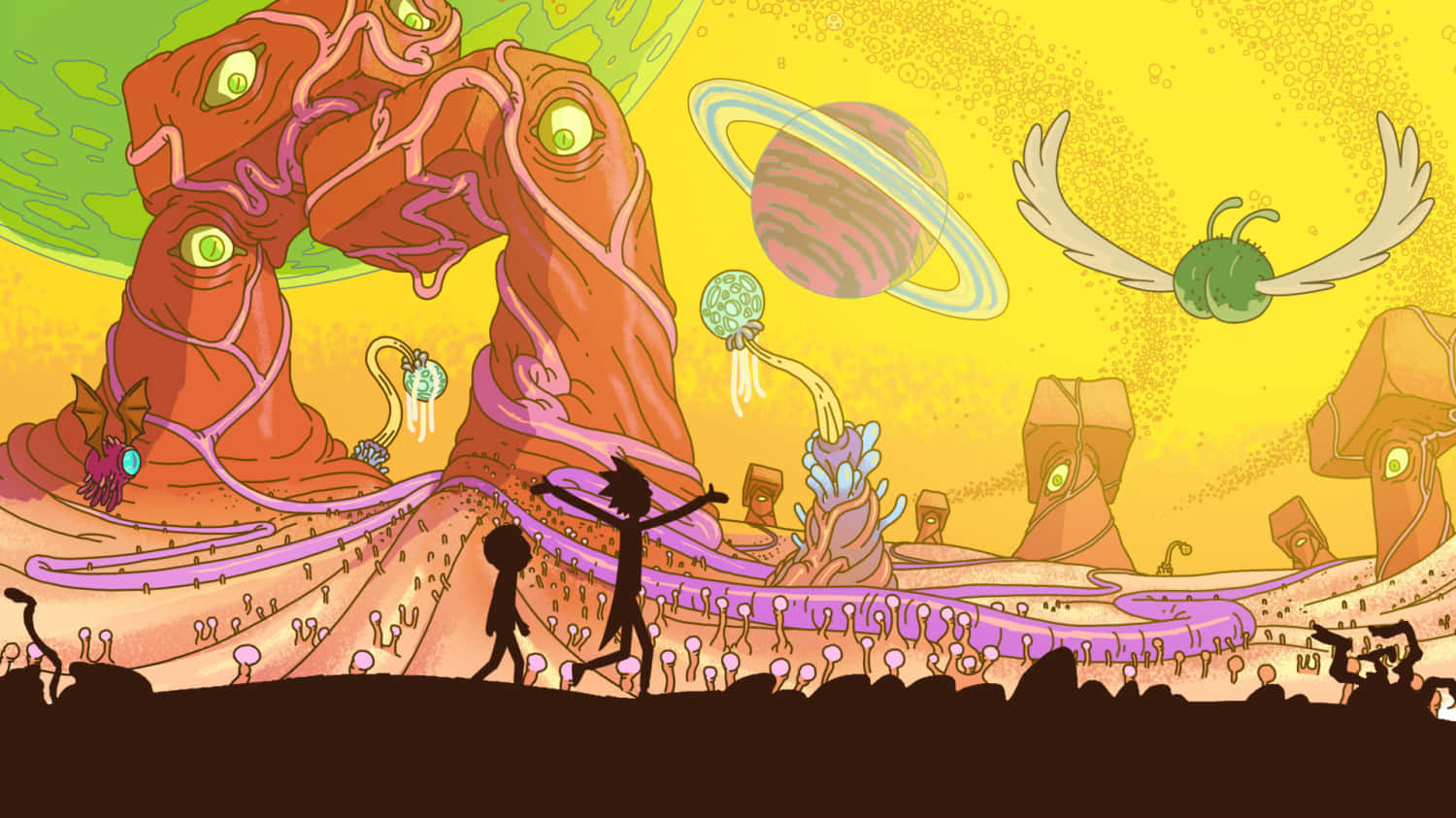 一個孤獨的探險家穿過一個帶有發光眼睛和漂浮行星的夢幻外星世界。