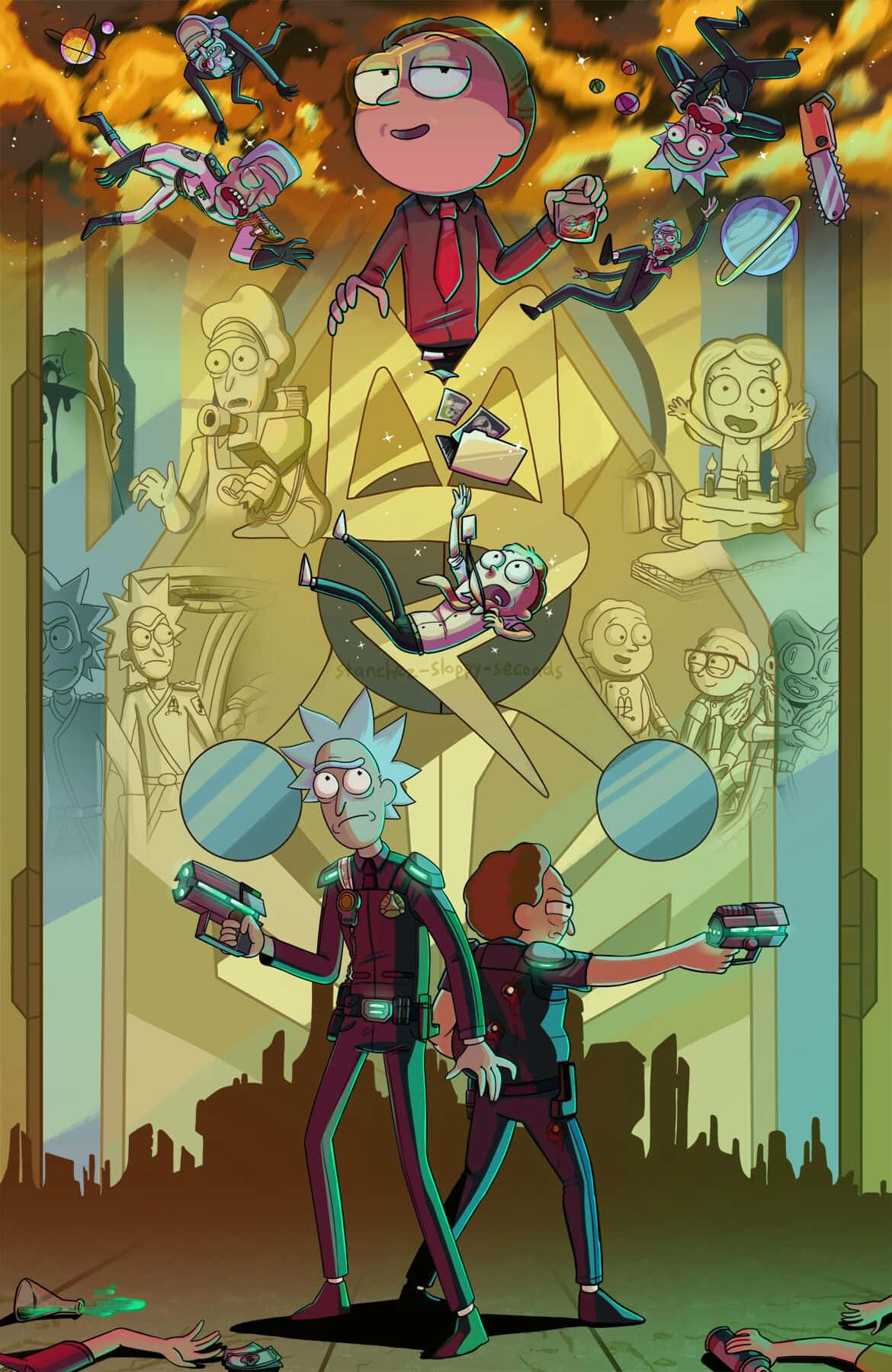 Total Rickall 桌布 壁紙 — 瑞克和莫蒂準備好槍支，混亂的外星角色在他們周圍飛翔，構成超現實、火熱的科幻場景。