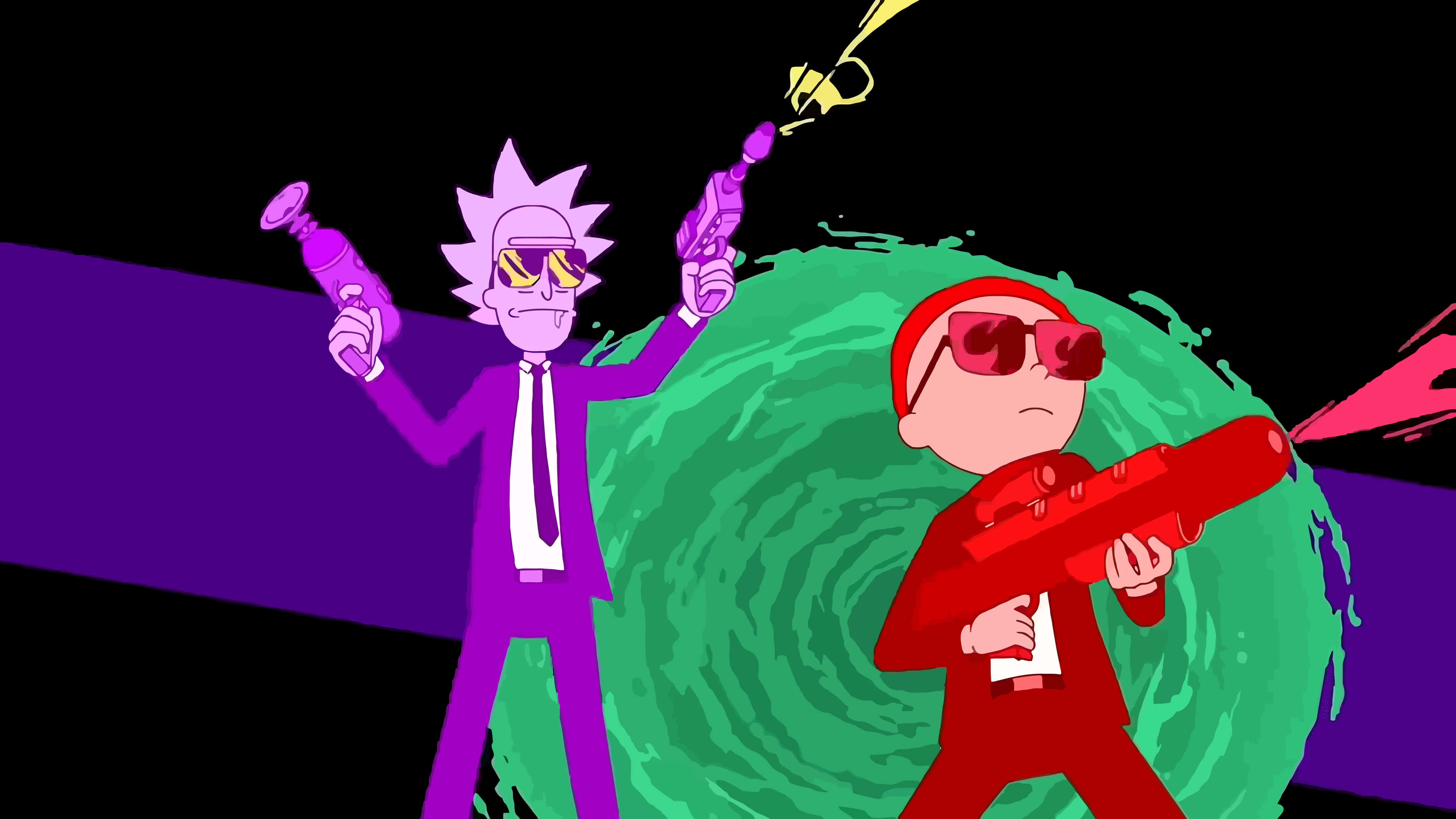Evil Morty 桌布 壁紙 — 瑞克和莫蒂穿著鮮豔的紫色和紅色套裝，瞄準未來槍支，背景是旋轉的綠色漩渦。