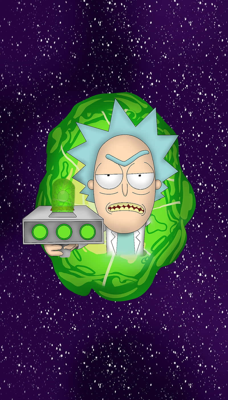瑞克·桑切斯在太空中手持一個綠色發光裝置，背景是繁星點點的紫色。