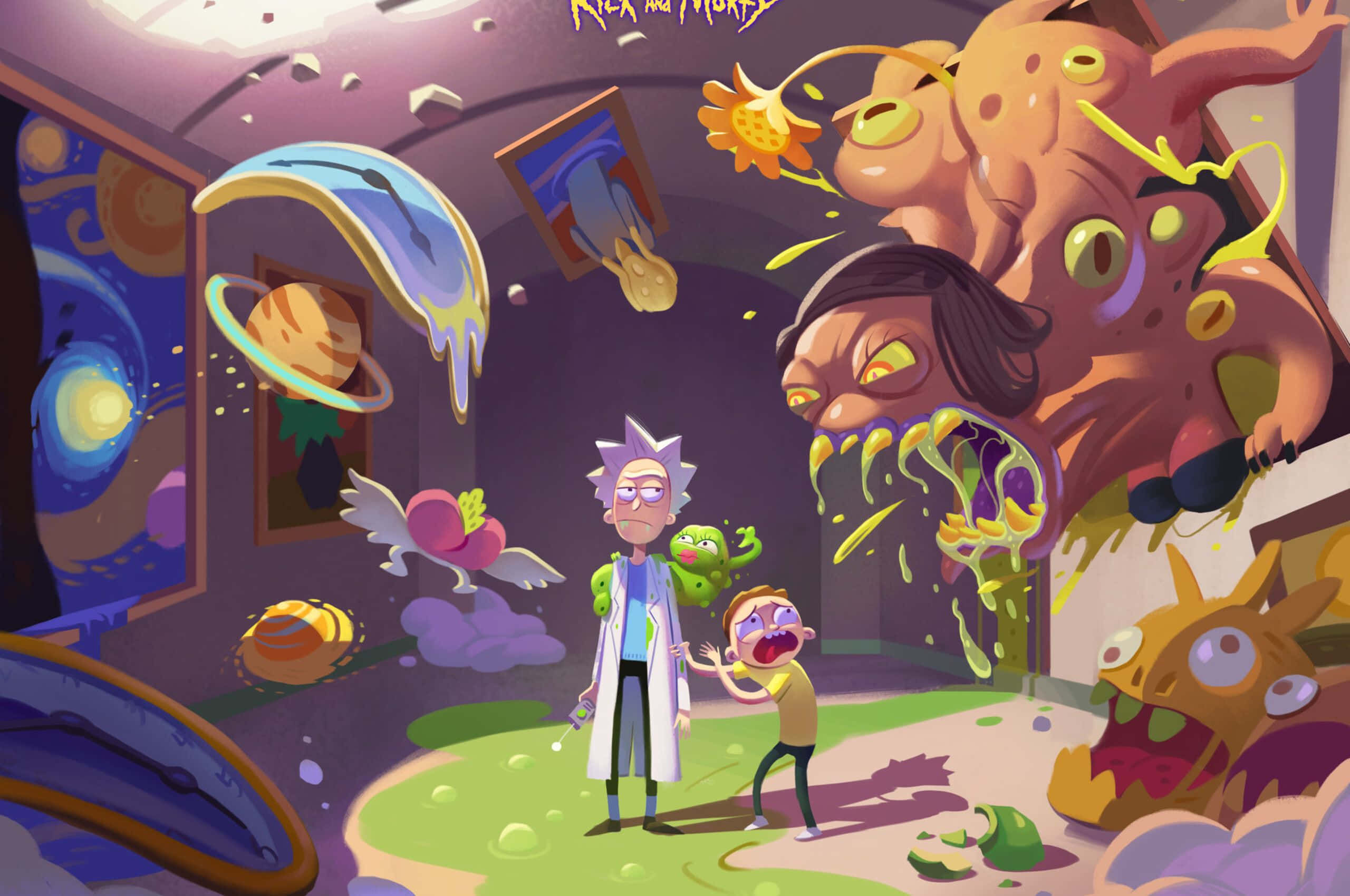Morty Smith 桌布 壁紙 — 瑞克和莫蒂站在一個混亂的房間裡，超現實的外星生物和漂浮的行星在他們周圍爆炸。