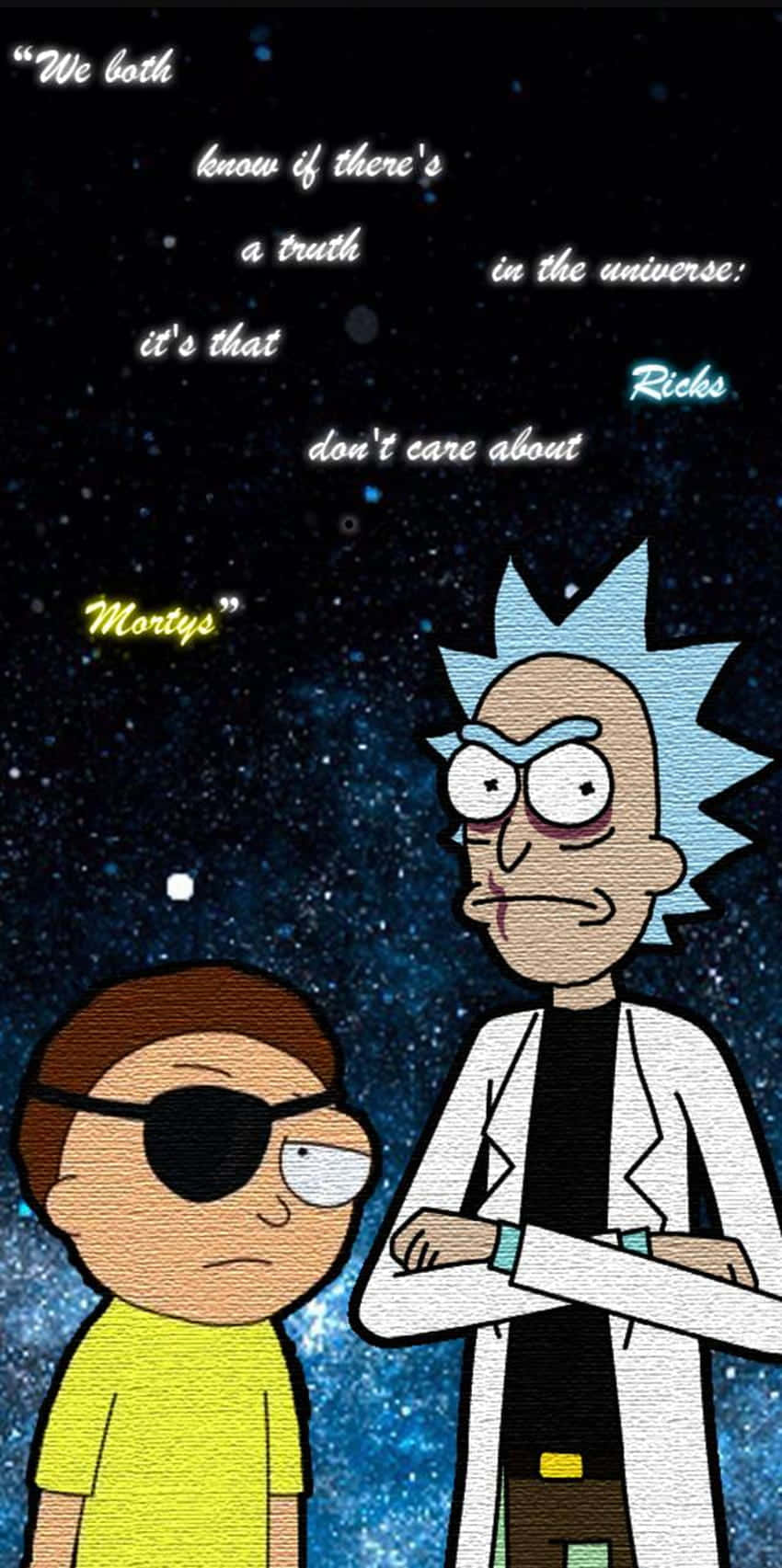 Evil Morty 桌布 壁紙 — 瑞克和莫蒂站在星空宇宙背景下，對話文字在他們周圍漂浮。