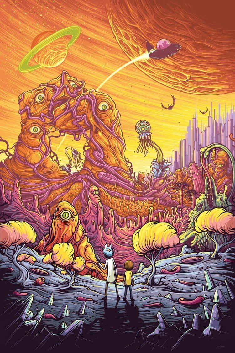 兩個孩子凝視著一個巨大的外星生物，身處充滿UFO和發光植物的鮮豔科幻景觀中。