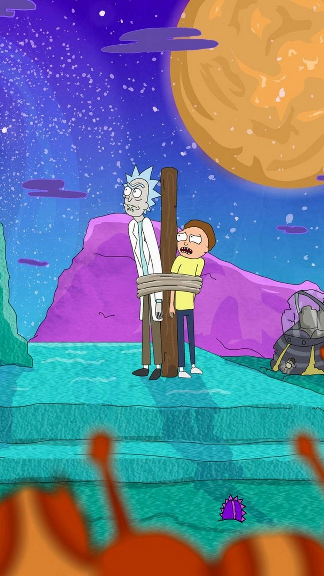 喺一個有巨大月亮嘅外星世界，Rick同Morty被綁喺一支柱上。