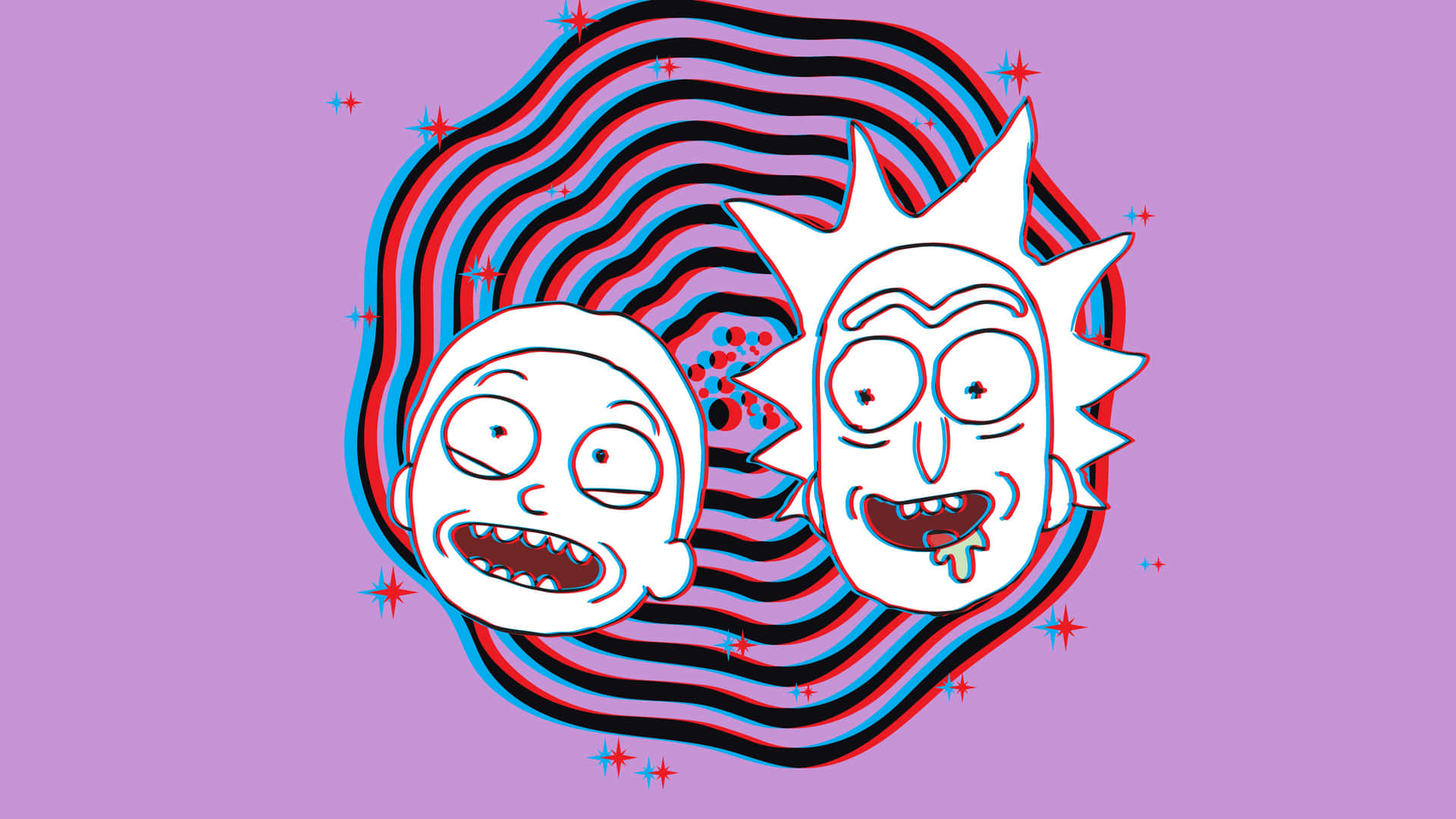 Rick 和 Morty 卡通人物在色彩繽紛的漩渦中露出狂野表情。