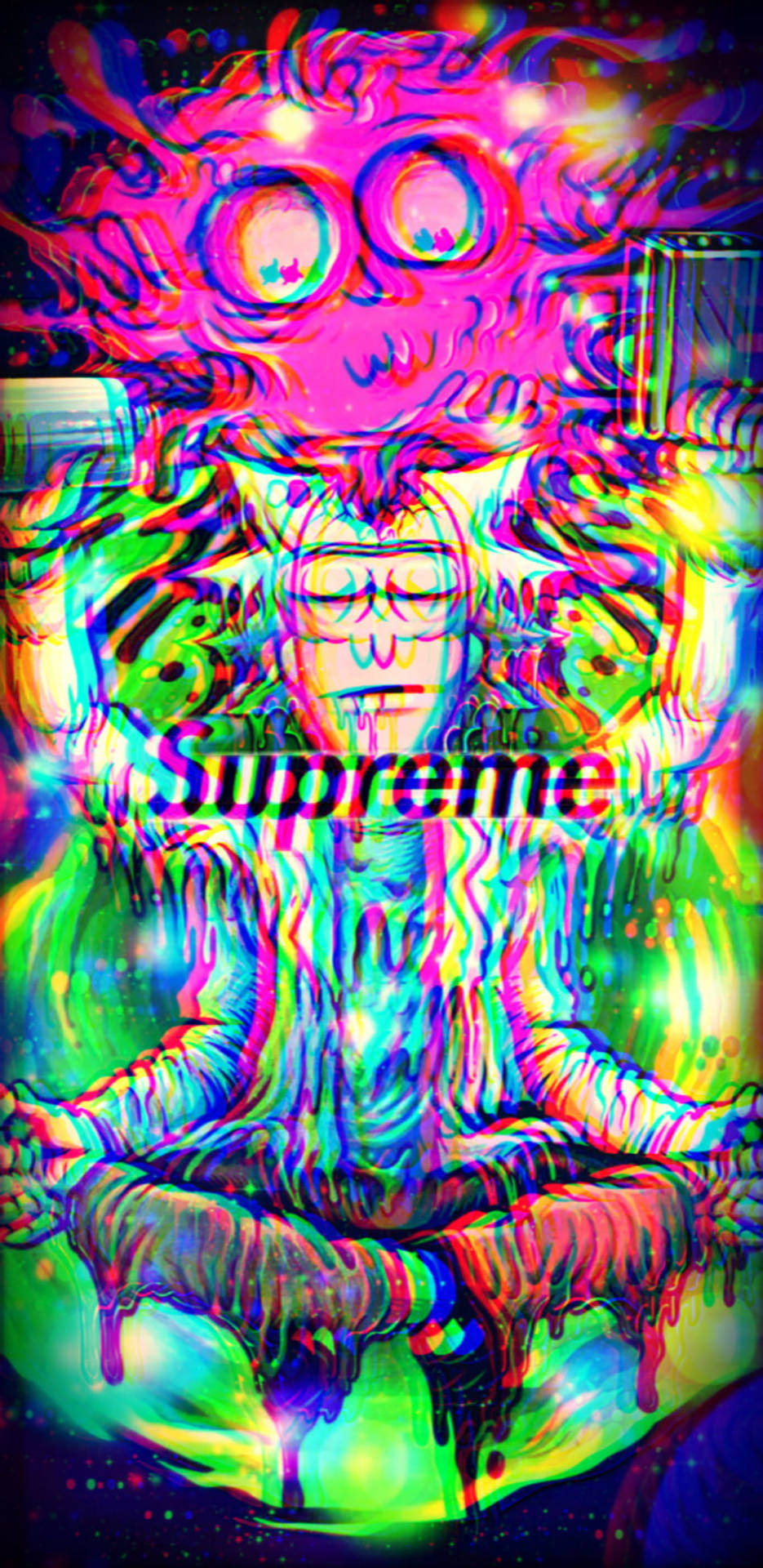 一個故障風格的霓虹人物正在冥想，上方有一個發光的頭骨。