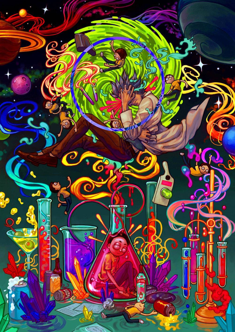 一名科學家在實驗室中，被宇宙漩渦和猴子包圍，周圍還有發光的燒杯和外星行星。