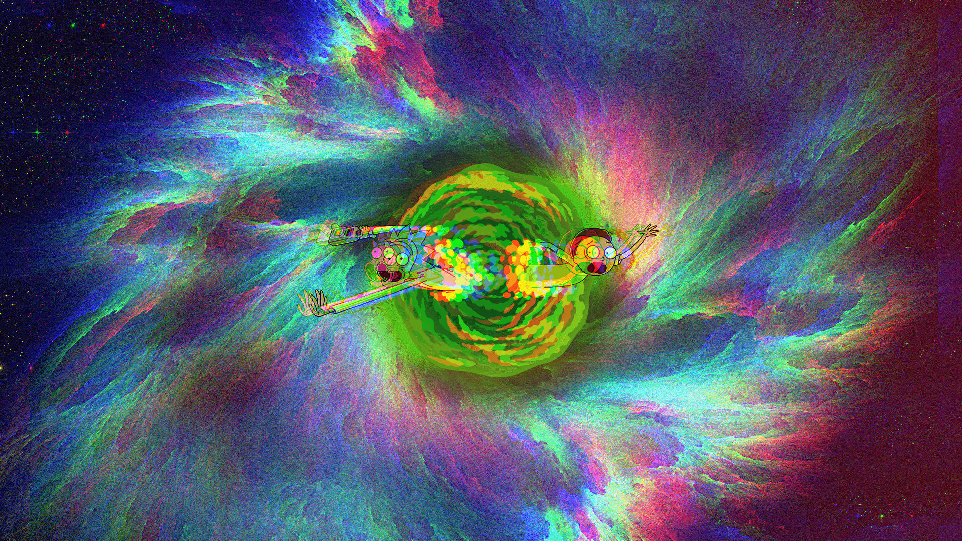 卡通角色在太空中飛過一個充滿活力的宇宙隧道。