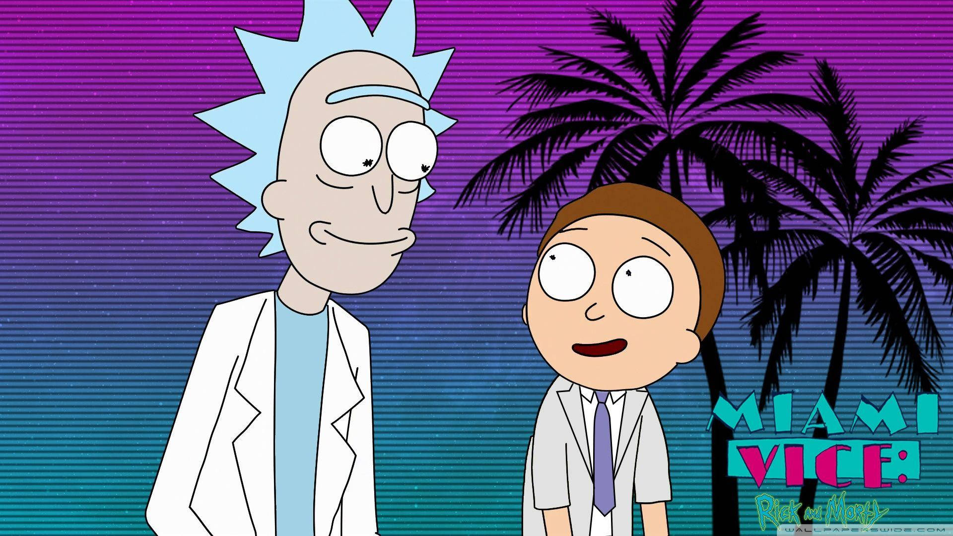 瑞克與莫蒂 Miami Vice 風格 4K 壁紙 — 瑞克和莫蒂並肩站在充滿活力的紫色和藍綠色漸變背景前，背景有棕櫚樹和邁阿密風雲文字。